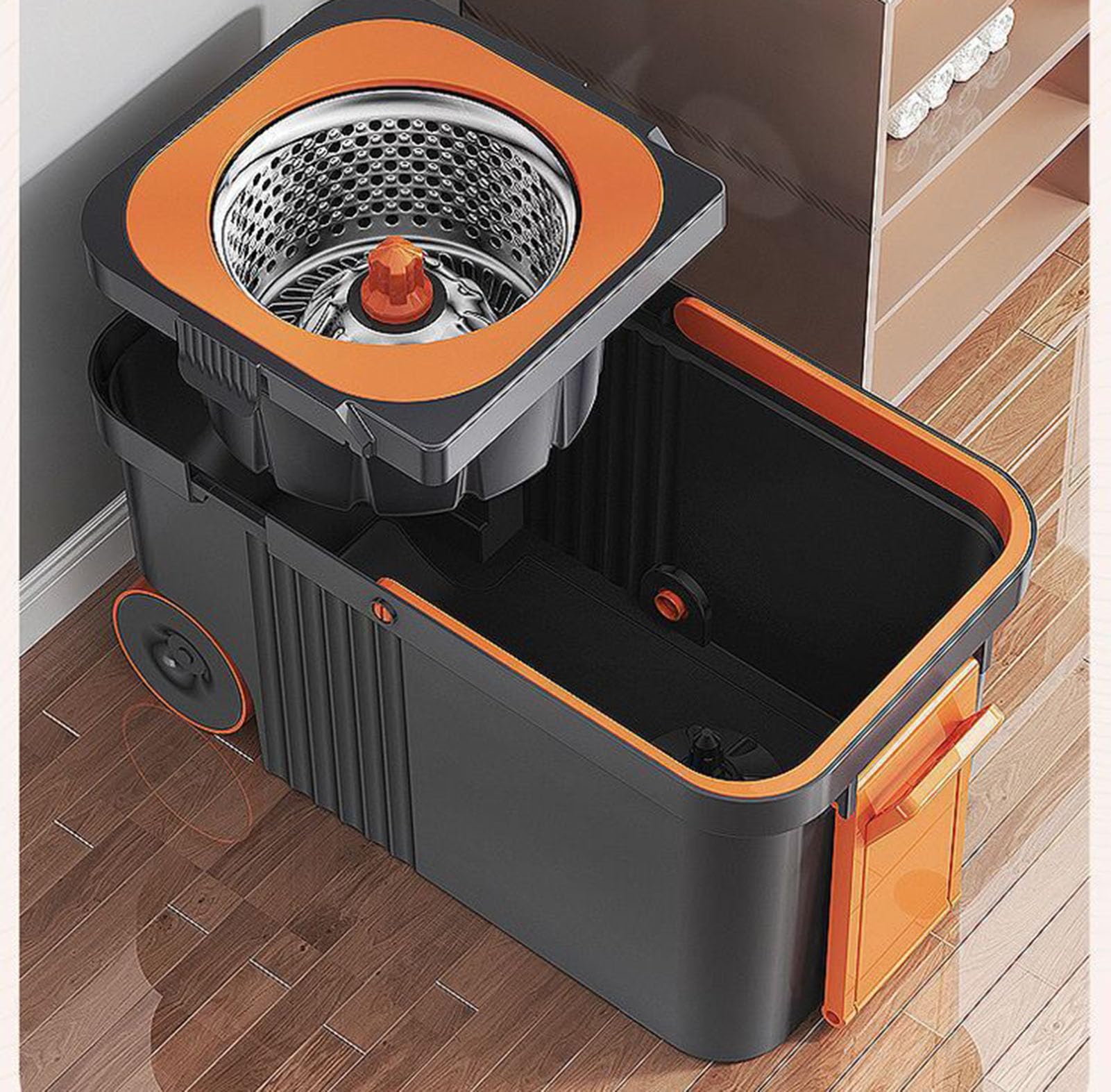 Juego de fregona cubo giratorios, cabezales de fregona dobles con 2 ruedas | Separa el agua limpia y sucia, trapeador para pisos con 2 cabezales de trapeador lavables para madera, azulejos, vinilo