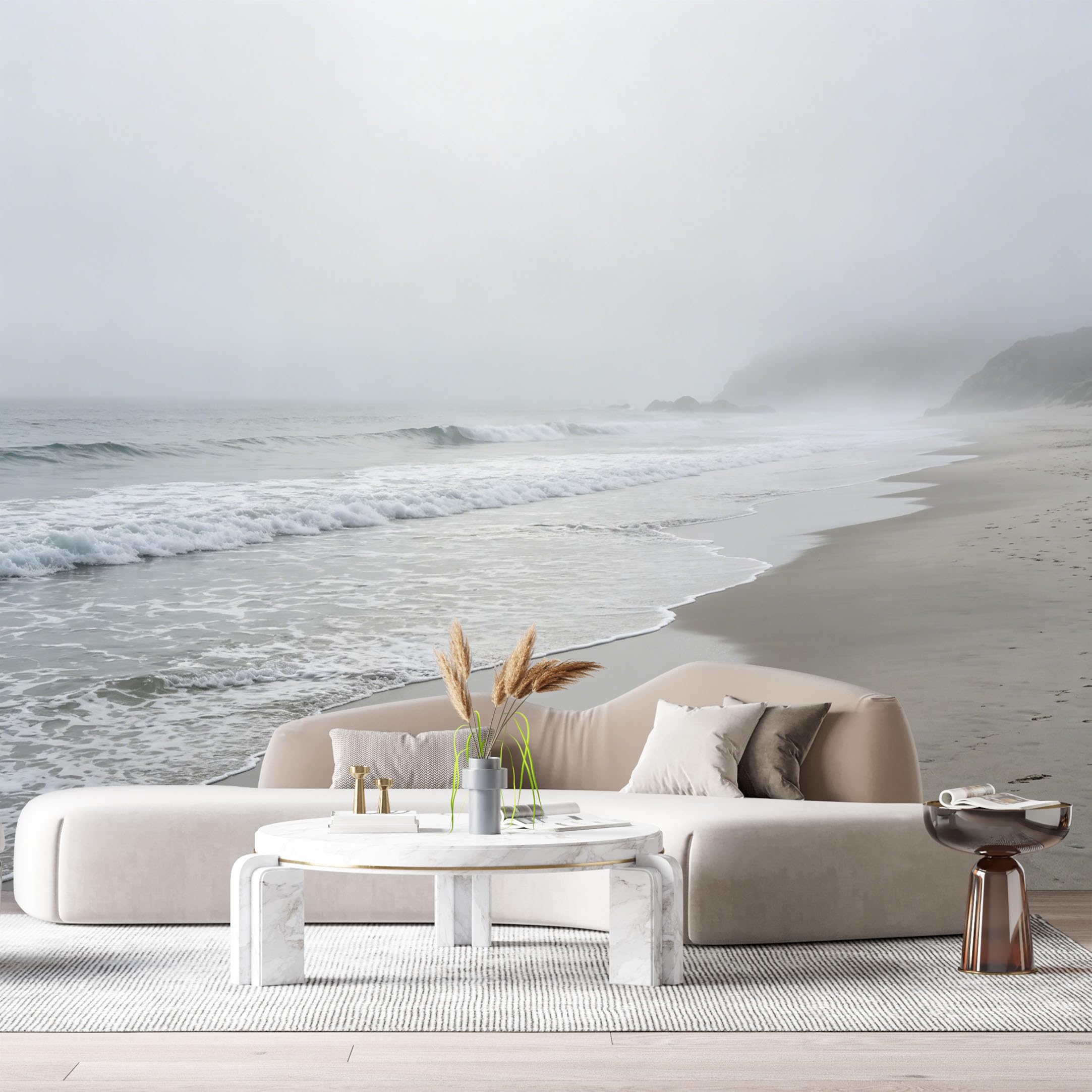 Custom Size Wall Murals Misty Ocean Coastal Waves Shoreline Foggy Beach SelfAdhesive Wall Fabric Removable Large Wallpaper for Photo Living Room