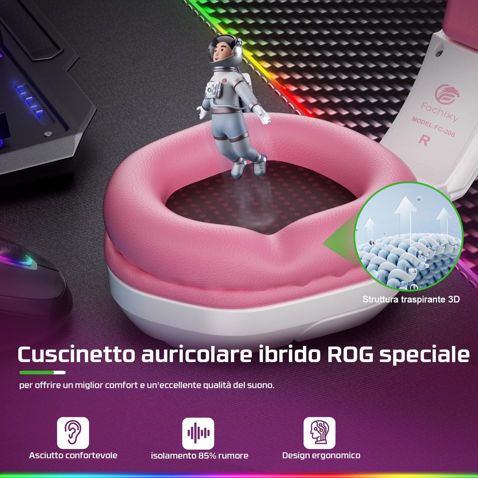 Fachixy FC200 Cuffie Gaming per PS5, PS4, PC, Xbox, Nintendo Switch, con Luce RGB, Microfono, Audio Stereo, con Cancellazione Del Rumore con filo - BIANCO ROSA