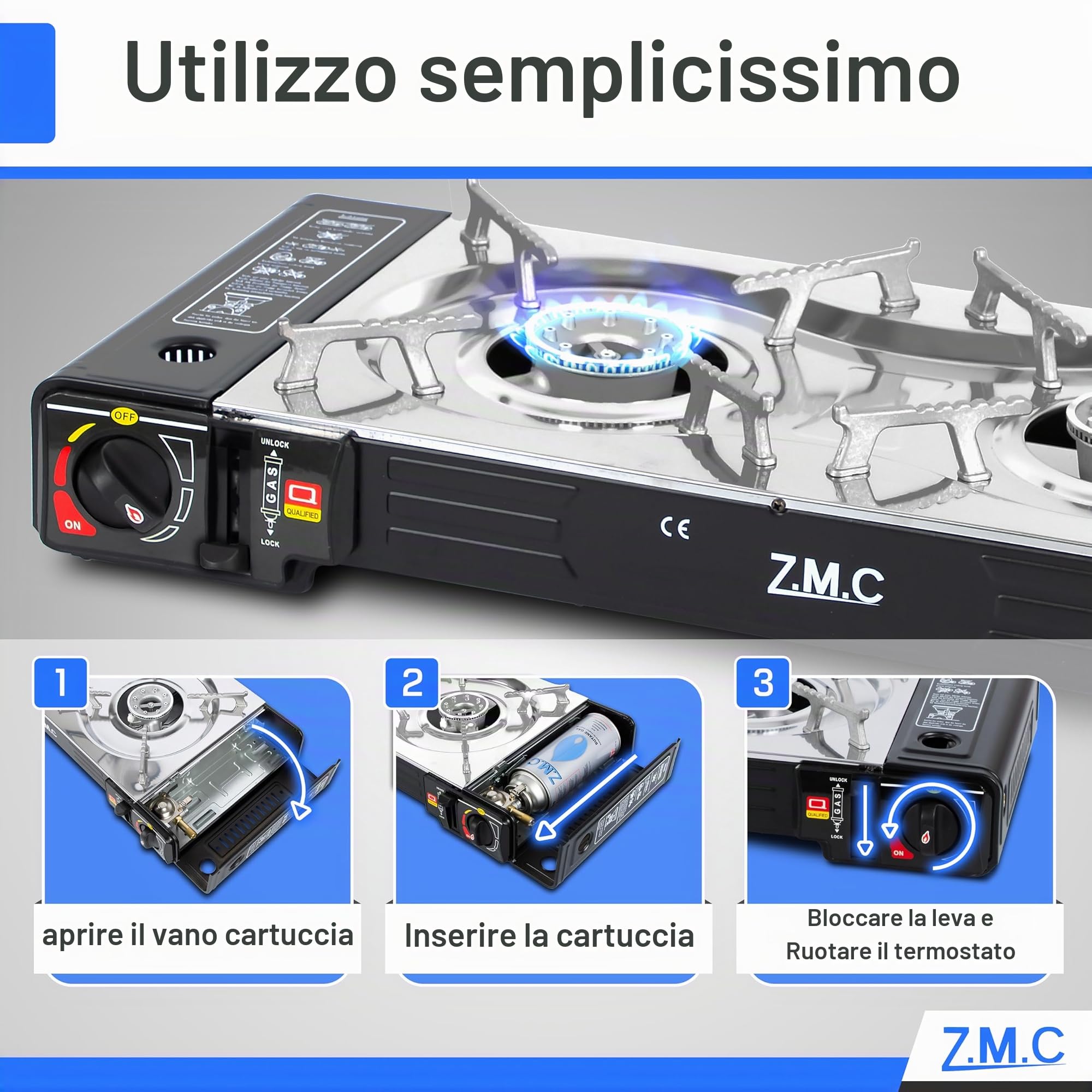 ZMC Fornello a Gas da Campeggio con 2 Faretti, Adattatore GPL, Valigetta di Stoccaggio e Ferro - Compatibile con Cartucce da 227 g