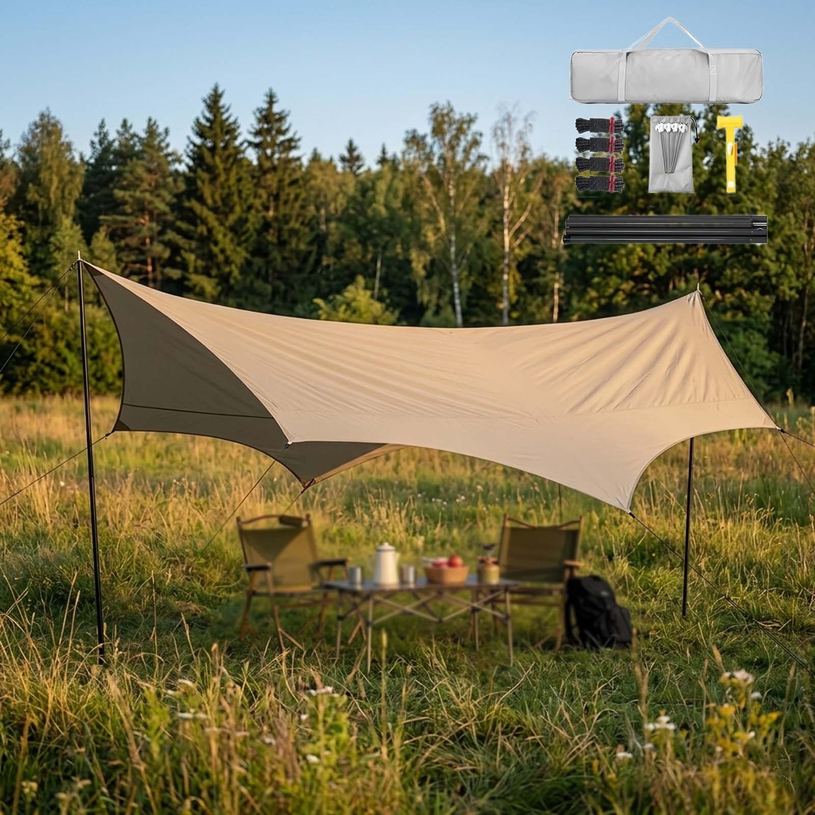 Tende Da Esterno Antipioggia Con Pali, Telo Tendalino Parasole E Tettoia Portatile Resistente, 4.4x4.5m Facile Da Montare Per Picnic Cortile E Relax In Giardino(Opaline,560x440cm)