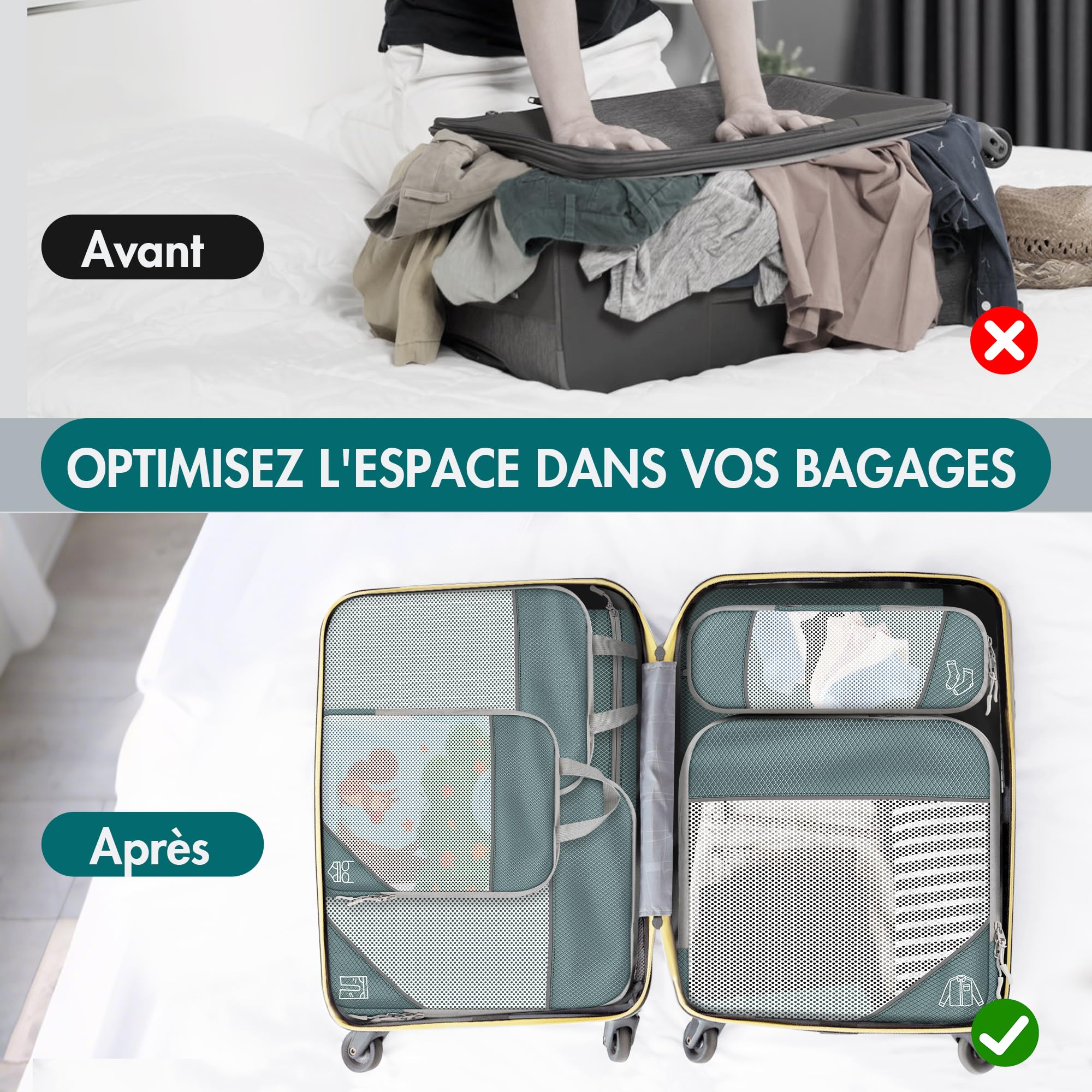 Lot de 10 Organisateurs de Valise à Compression, Packing Cubes Compression Gris, Pochettes de Rangement Voyage en Maille, Cubes de Bagage Multi-Tailles avec Sacs à Chaussures et Accessoires