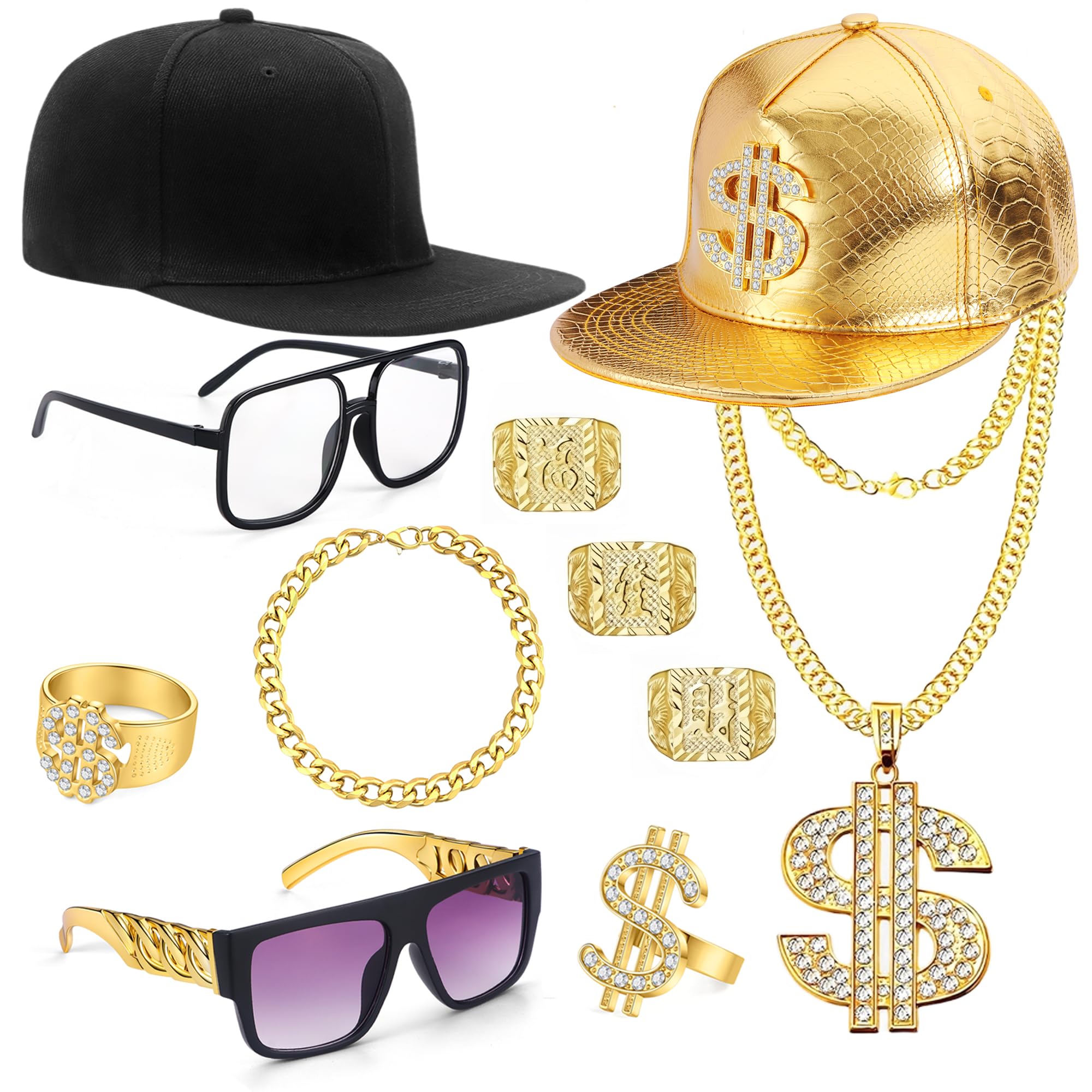 FIRAZIO 80s 90s Hip Hop Costumes Outfit Kit Fake Gold Chain Money Chain Dollar Sign Cap Jewelry Set Rapper Costume