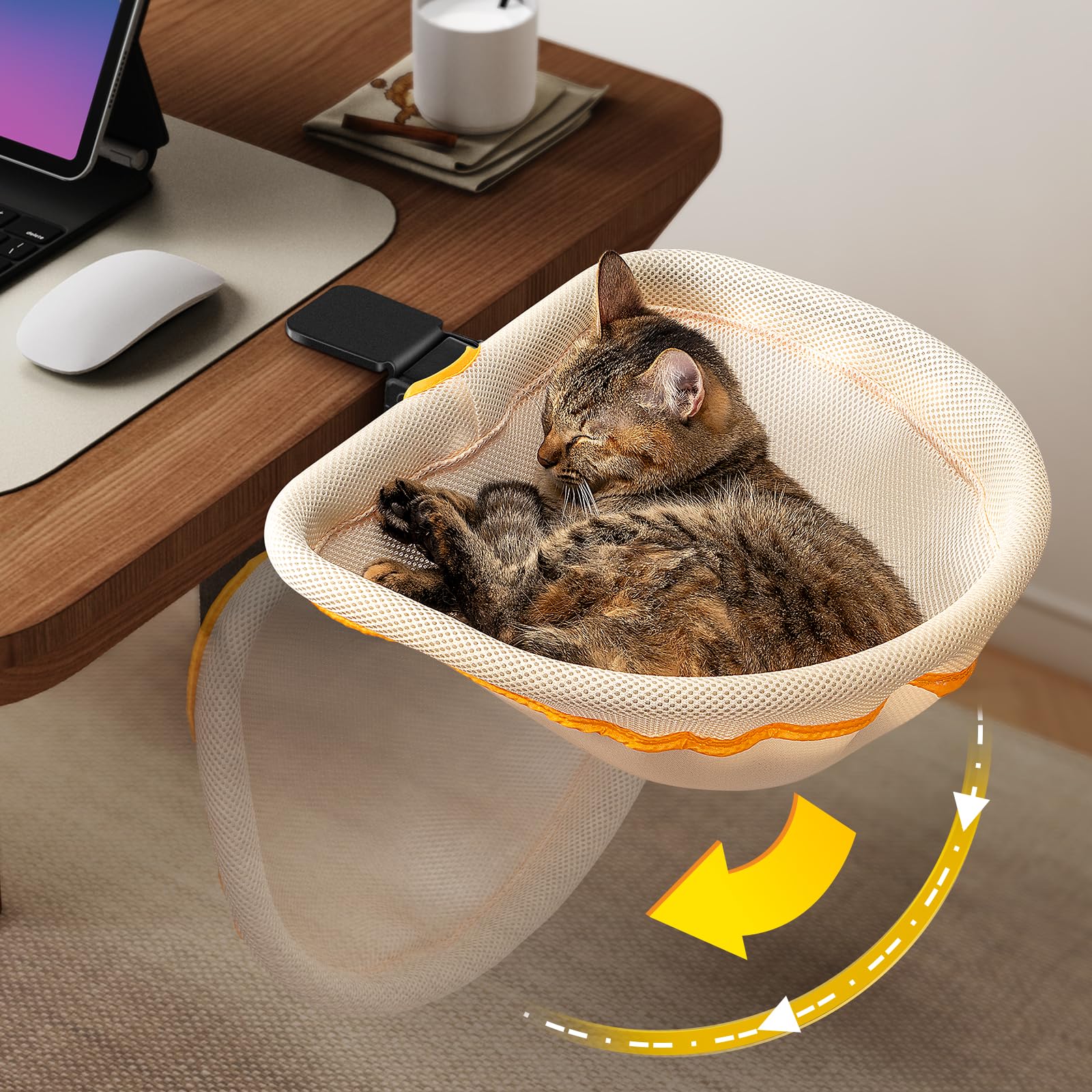 JUNSPOW Cat Desk Bed, One-Click Folding Semi-Circular Cat Bed, Breathable Mesh Fabric, Space-Saving Design, Fits Most Desktops, Max Weight 40lb