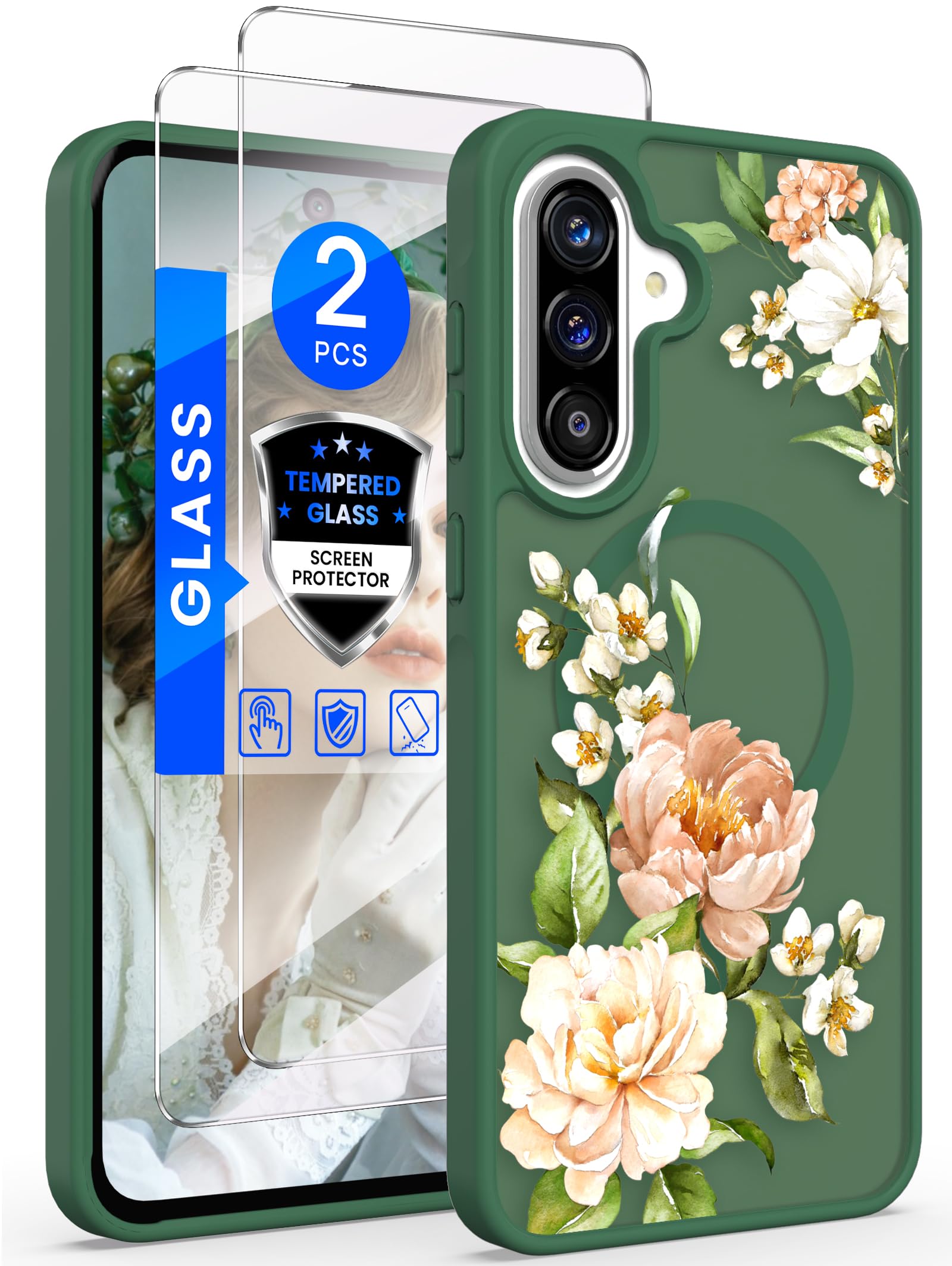 Yucenx for Samsung Galaxy A36 5G 6.7 inch Floral Phone Case with 2X Screen Protector, Military Grade Magnetic Translucent Matte Girls Women Flower