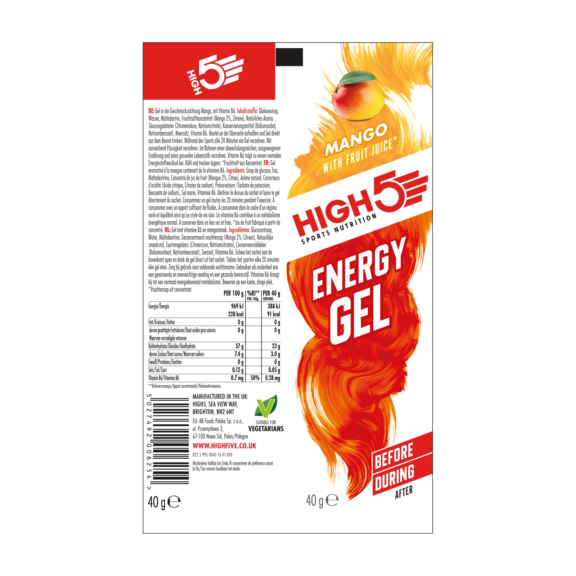 HIGH5 Energy Gel Energia Gel in sacchetto di porzione ad apertura rapida, con succo di frutta naturale | (Mango, 20 x 40 g)