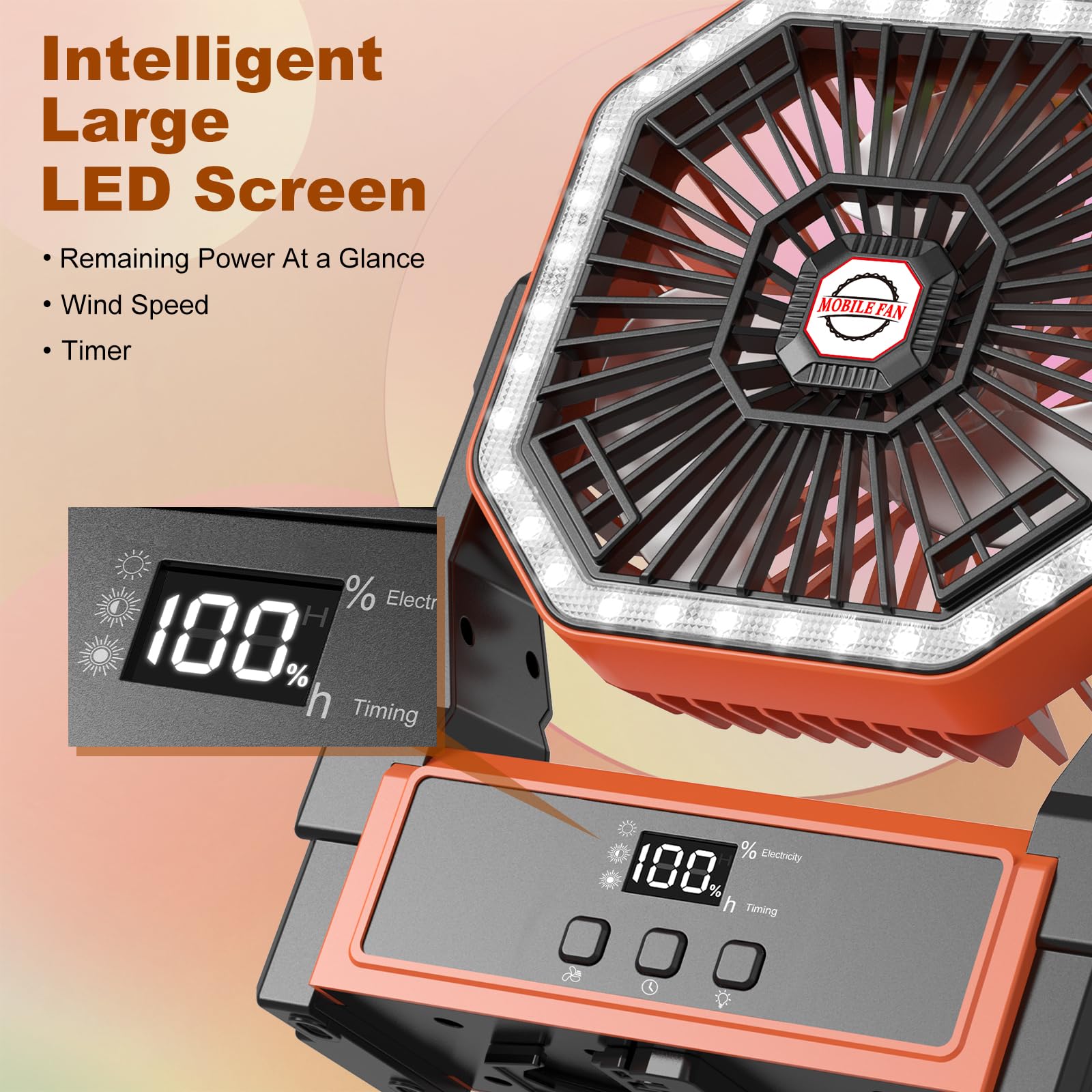 Ventilador Solar de Camping Con Panel 10W, 10000mAh USB Recargable Portátil Con Pantalla LED, Temporizador, Luz, 4 Velocidades a Batería para Exterior (Naranja)