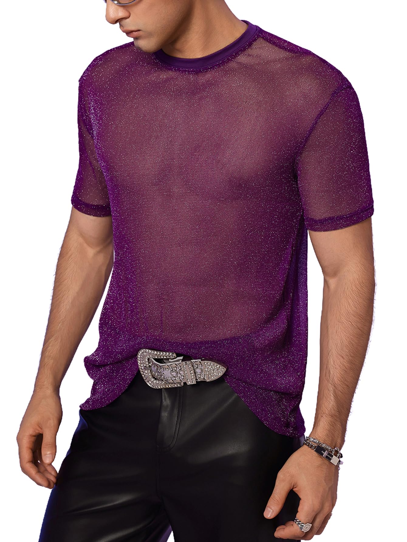 WDIRARA Men's Glitter Mesh Sheer T Shirt Rave See Through Shirt Short Sleeve Top Tee