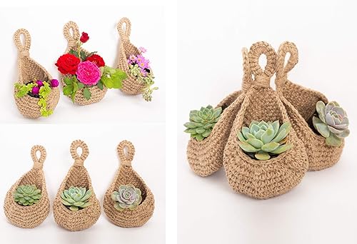 Miniatura 3 de Cesta colgante de yute para pared, pequeñas para plantas suculentas, decoración de pared, soporte colgante de lágrima para macetas de hierbas de 3