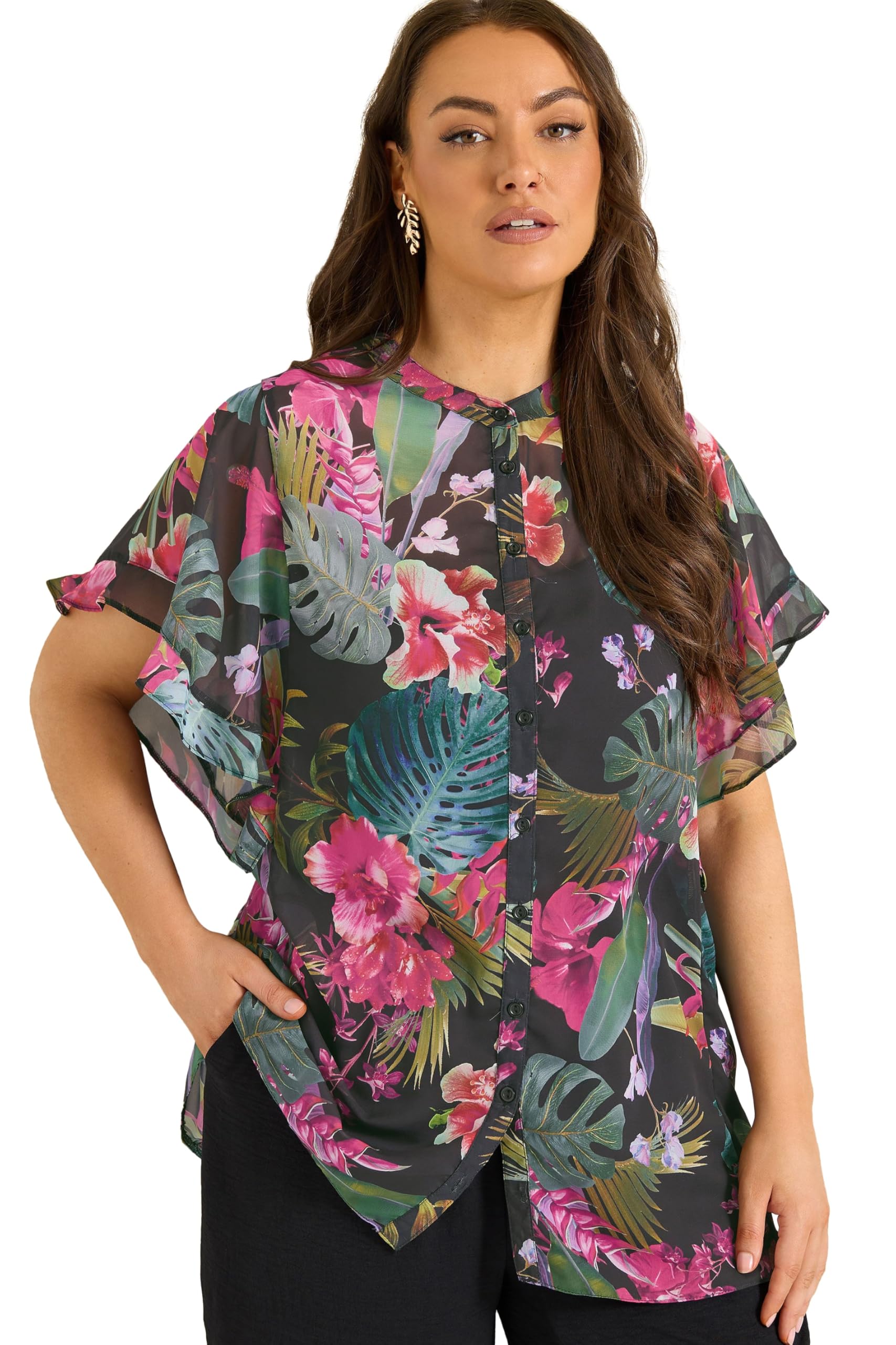 Evans Women's Black Curve Tropical Frill Sleeve Blouse - Plus Size Curve