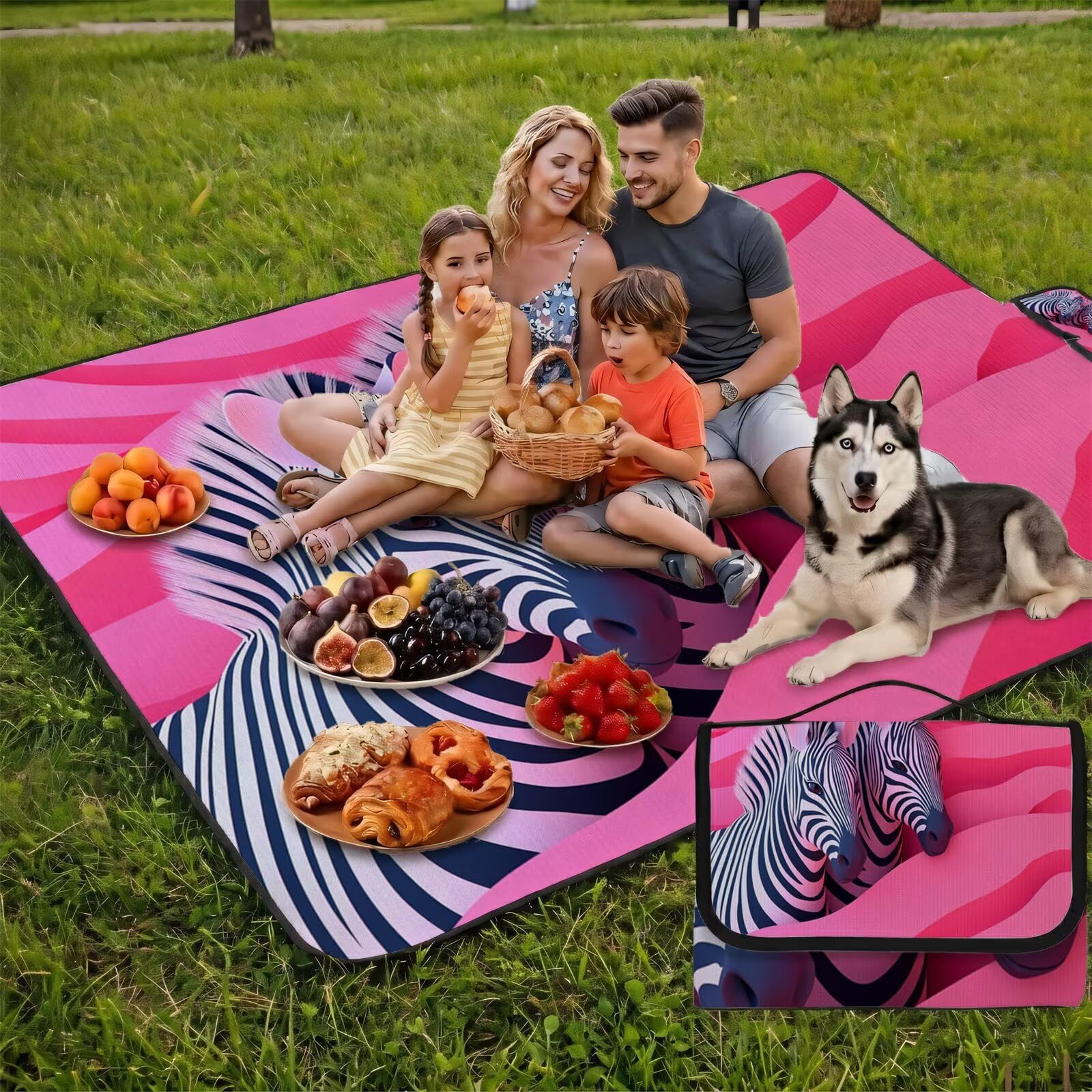 Manta de Picnic Grande 200x200 cm, Rosa Manta Picnic Impermeable, Cebra Esterilla de Playa Alfombra de Exterior, Picnic Blanket Plegable con Asa para Camping, Jardín, Césped, Playa, Senderismo UZ-798