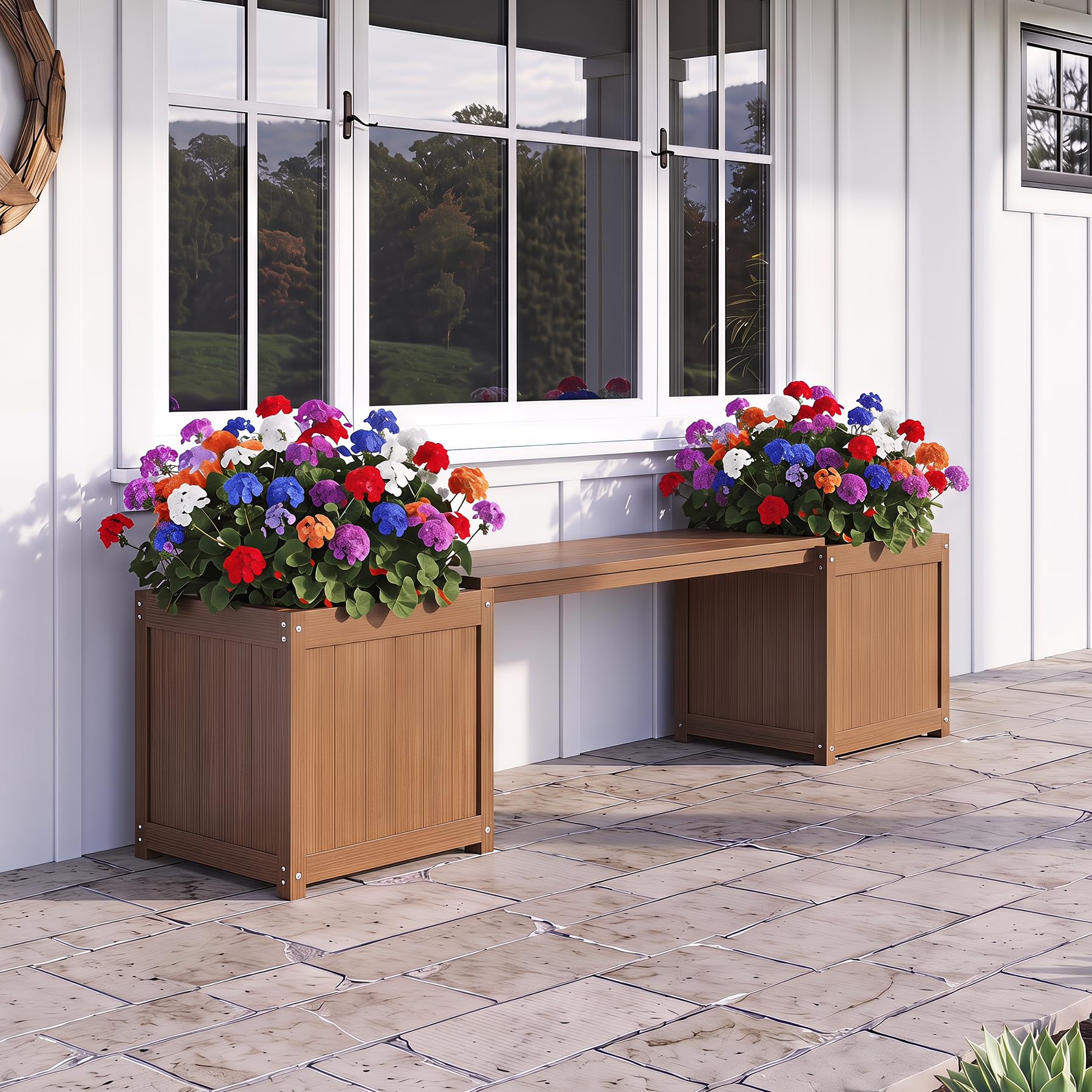 Domi HDPE Outdoor Front Porch Garden Bench Planter with Flower Boxes