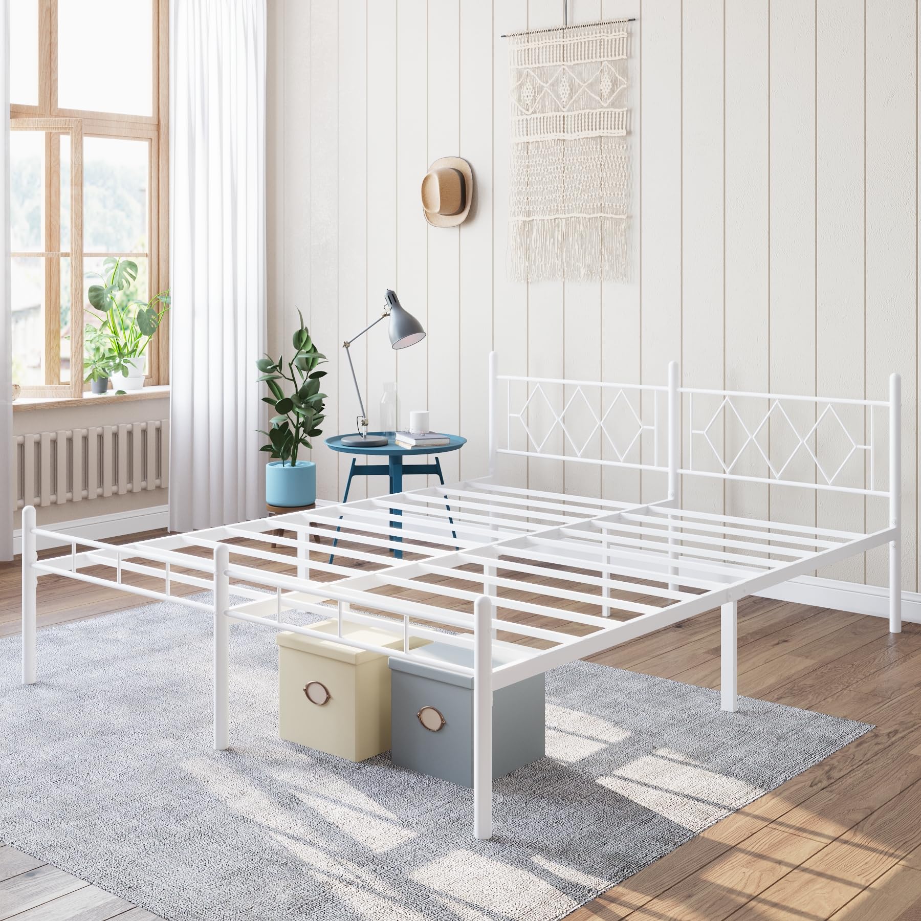 14 Inch Full Size Bed Frame No Box Spring Needed,Metal Platform with Headboard and Footboard,Heavy Duty Slats Support Easy Assemble Noise Free(White and Rhombus)