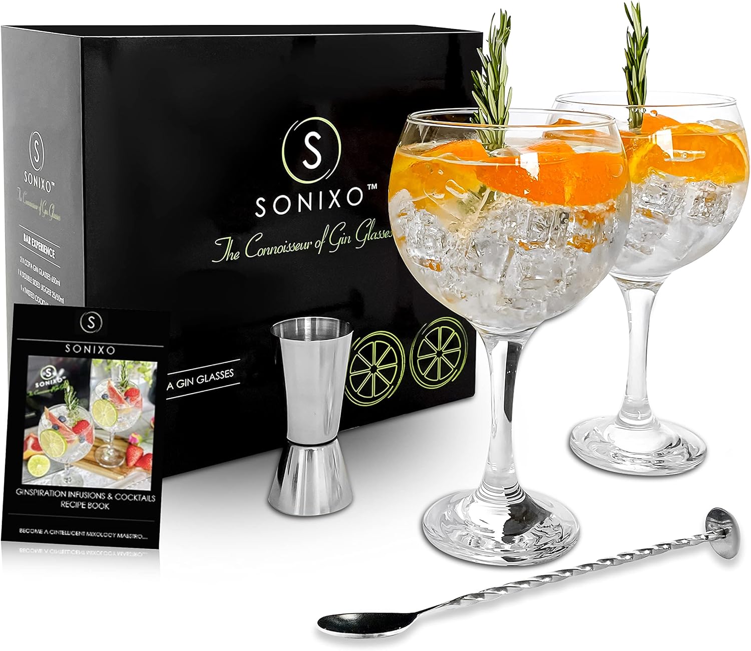 Gin Glasses for Gin LoversSet of 2 G&T Glasses (650ml) Premium Pro Cocktail Spoon and Double