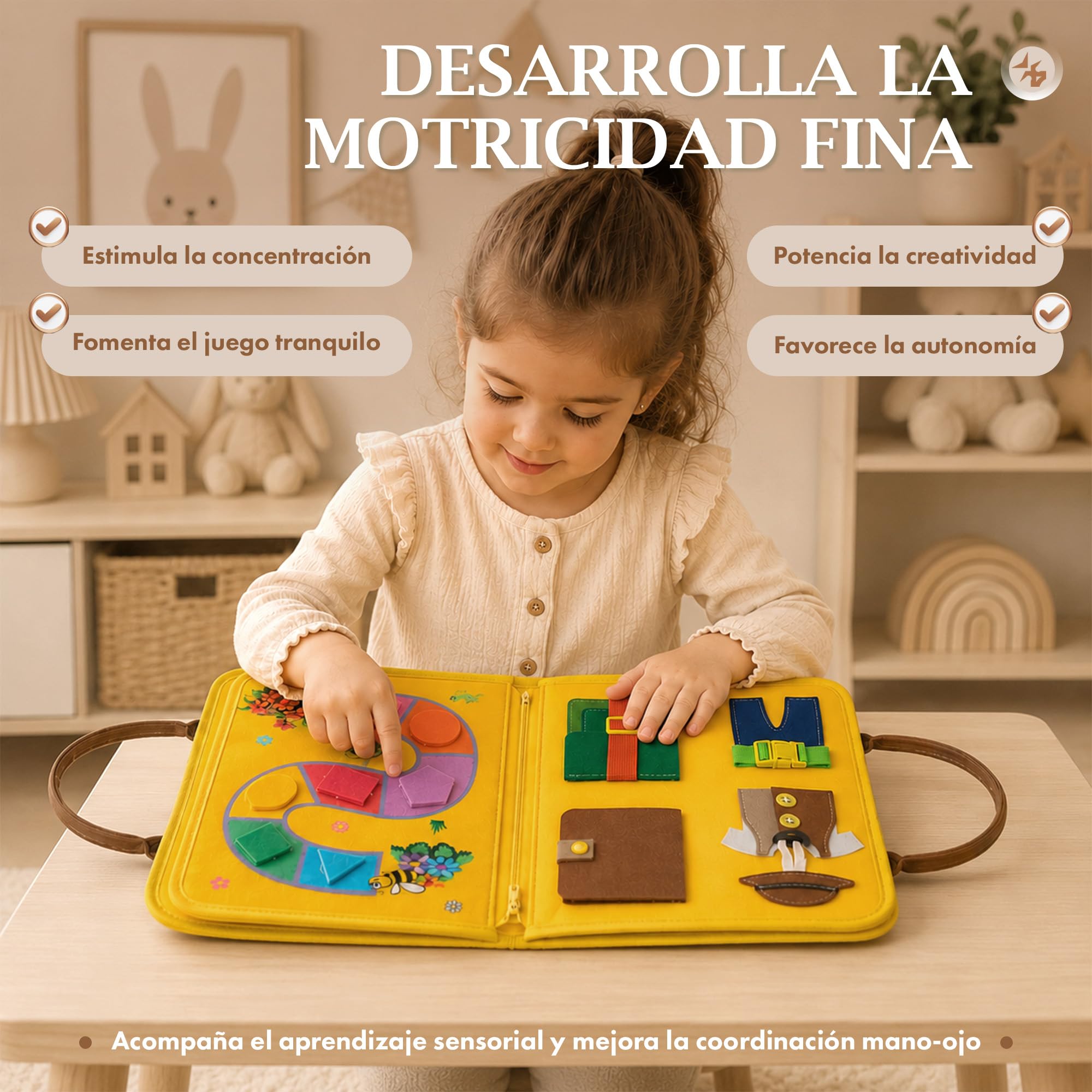 Busy Board Montessori con Pizarra. Tablero de Actividades Sensoriales. Maletín Educativo para Motricidad Fina. Juguete de Viaje para Niñas y Niños de 3, 4, 5 años. Regalo Infantil, Cumpleaños