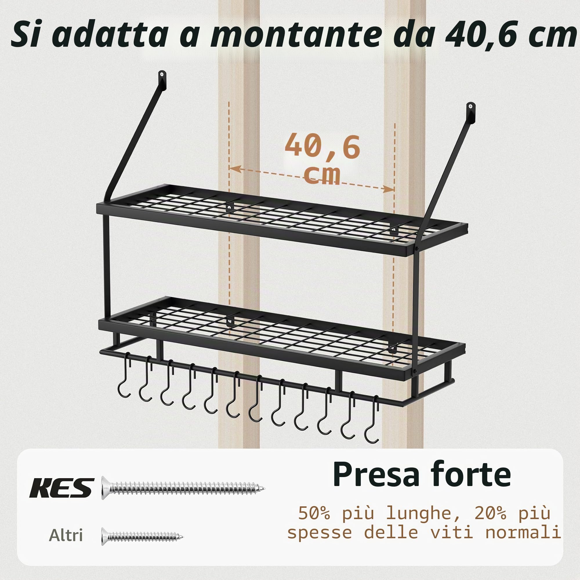 KES Porta Pentole da Cucina Rastrelliera 76CM Pentole Sospese per L'archiviazione e L'organizzazione Della Cucina Mensola per Pentole e Padelle con 12 Ganci Nero Opaco 2 Livelli, KUR215S75B-BK