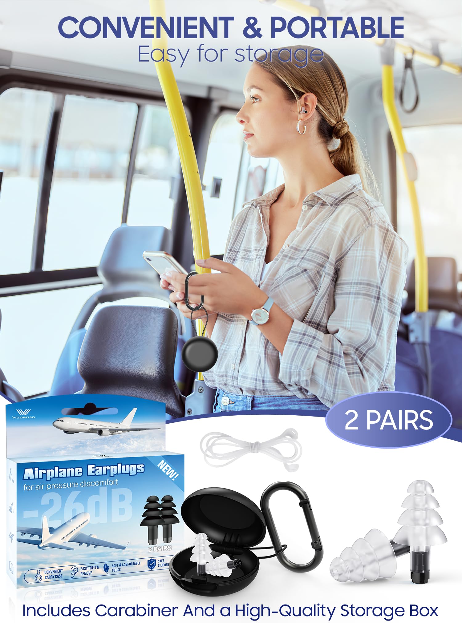 Tapones para los oídos para alivio de la presión del oído en avión, 2 pares de tapones de silicona suave reutilizables para los oídos de avión de 26 dB, con cable conector de silicona, esenciales de