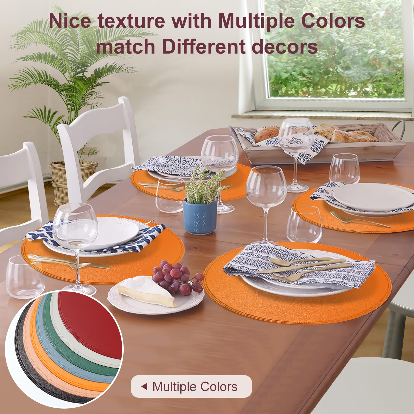 Rinpon PU Faux Leather Thick Wipeable Waterproof Round Placemats Set of 6, Vintage Cute Circle Place Mats Non-Slip Mats - Image 3