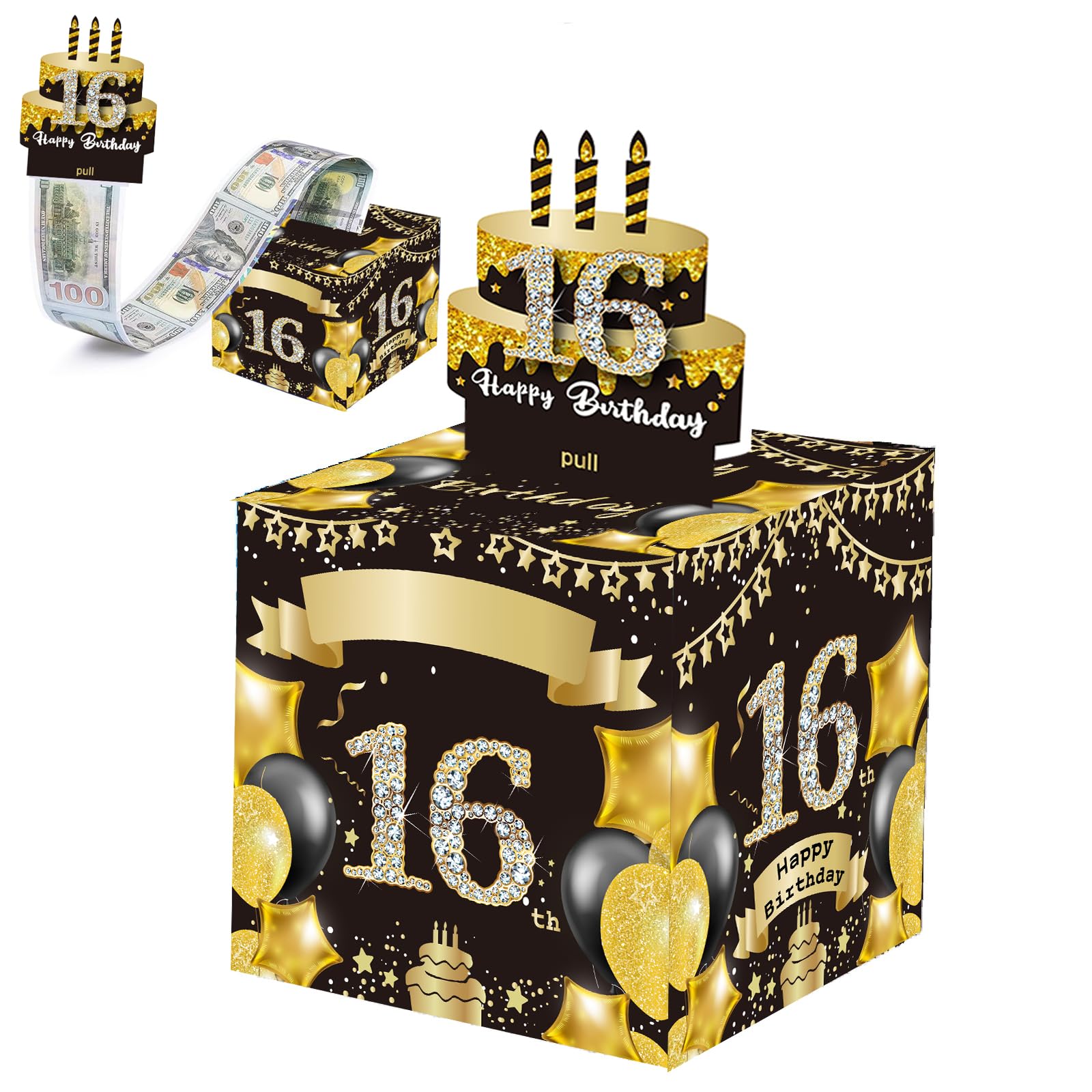 Happy 16th Birthday Money Box for Cash Gift,Black Gold Pull Surprise Money Gift Box for 16th Birthday Presents,Money Cake Pull out Cash,16th Money Box,Happy Birthday Money Gift Box for Boys Girls