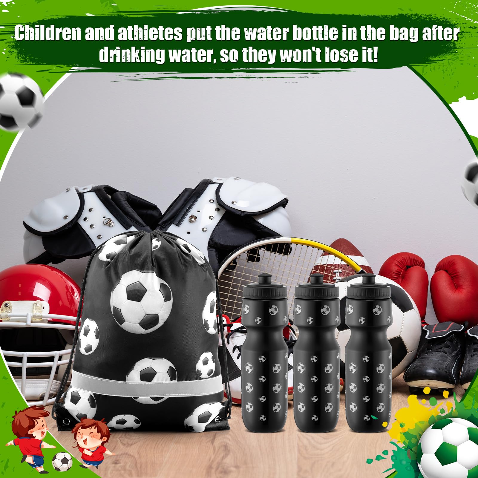 12 botellas de agua de fútbol de 24 onzas para fiestas de fútbol, regalo para equipo con bolsa de cordón, vaso, taza, accesorios temáticos deportivos para suministros de regalo de eventos 5