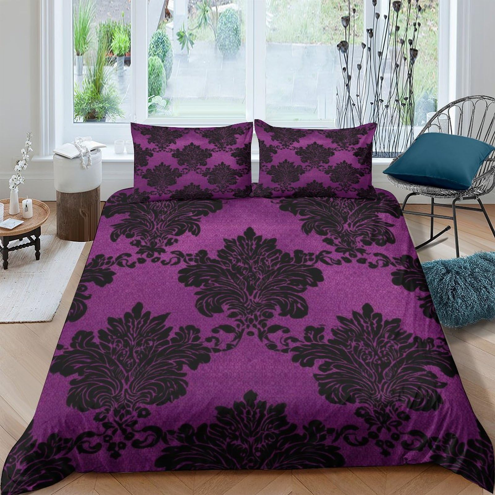 GPLZQXKJNH 3D Printed Baroque Damask Duvet Cover Microfiber Purple Black Gothic Pattern Bedding Set with 2 Pillowcases for Bedroom Decor Single（135x200cm）