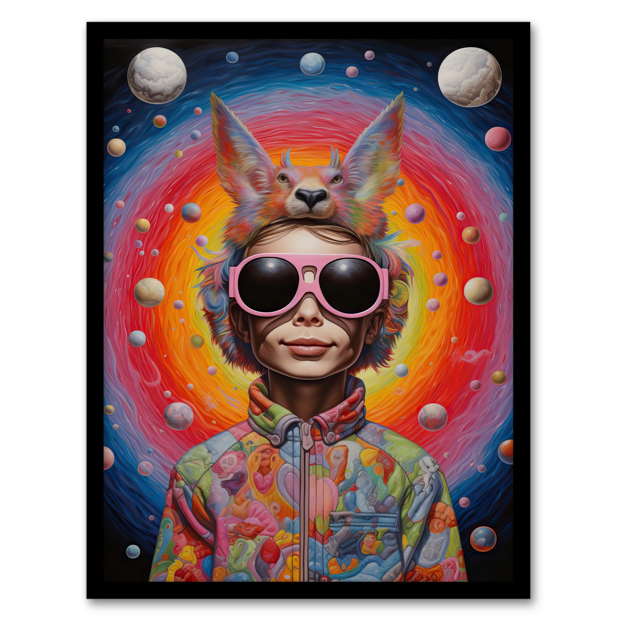 Artery8 Surreal Abstract Portrait Big Bold Bright Fun Portrait Animal Hat Outer Space Quirky Artwork Framed Wall Art Print A4