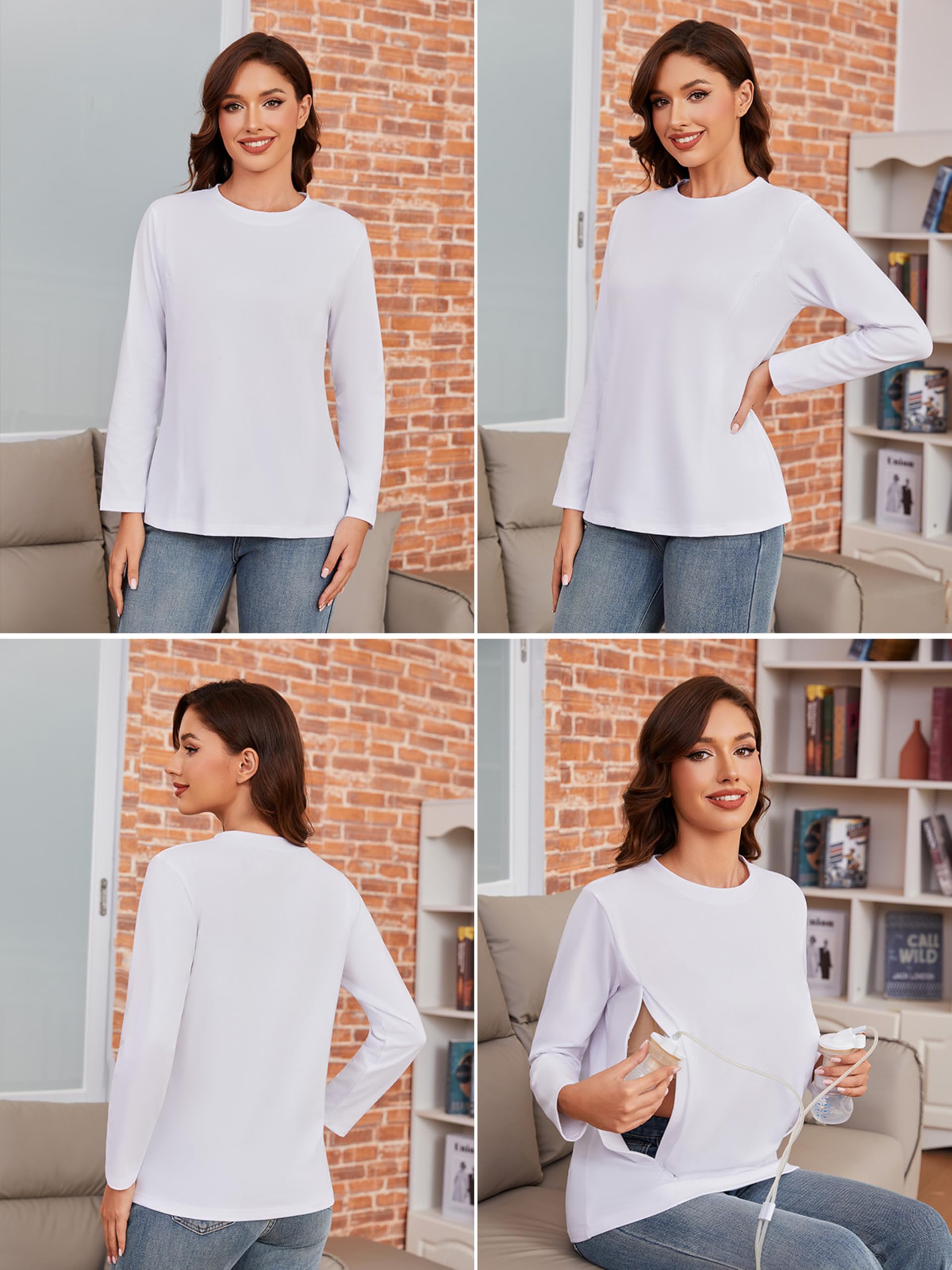 Lot de 3 t-shirts d'allaitement à manches longues pour femme enceinte avec fermeture éclair, blanc, rose et noir, XXL