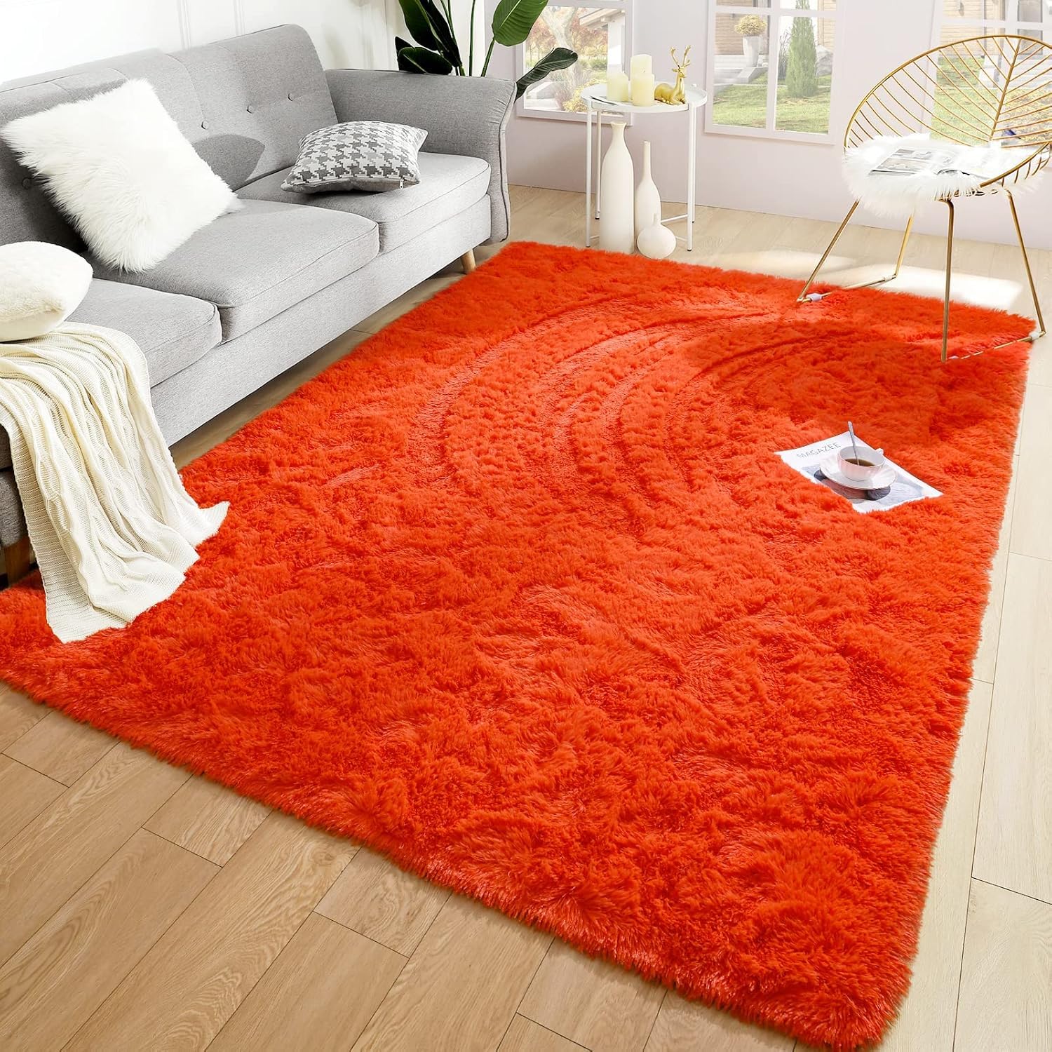 Oxford Homeware Rugs Living Room 120 x 170 cm – Fluffy Shaggy Rust Area Rugs for Bedroom, Lounge – Super Soft Non Slip Rug Washable Modern Floor Carpets Bedside Rug for Kids Room