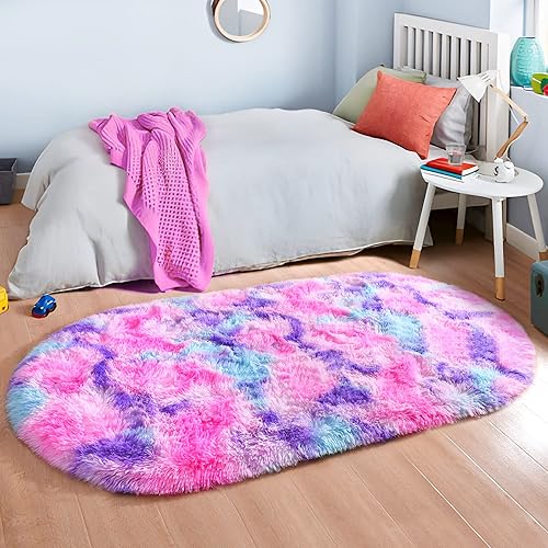 Miniatura 7 de junovo Alfombra lanuda ultra suave y lavable, alfombra ovalada antideslizante para guardería, dormitorio de niños y decoración del hogar (2.6 x 5.3