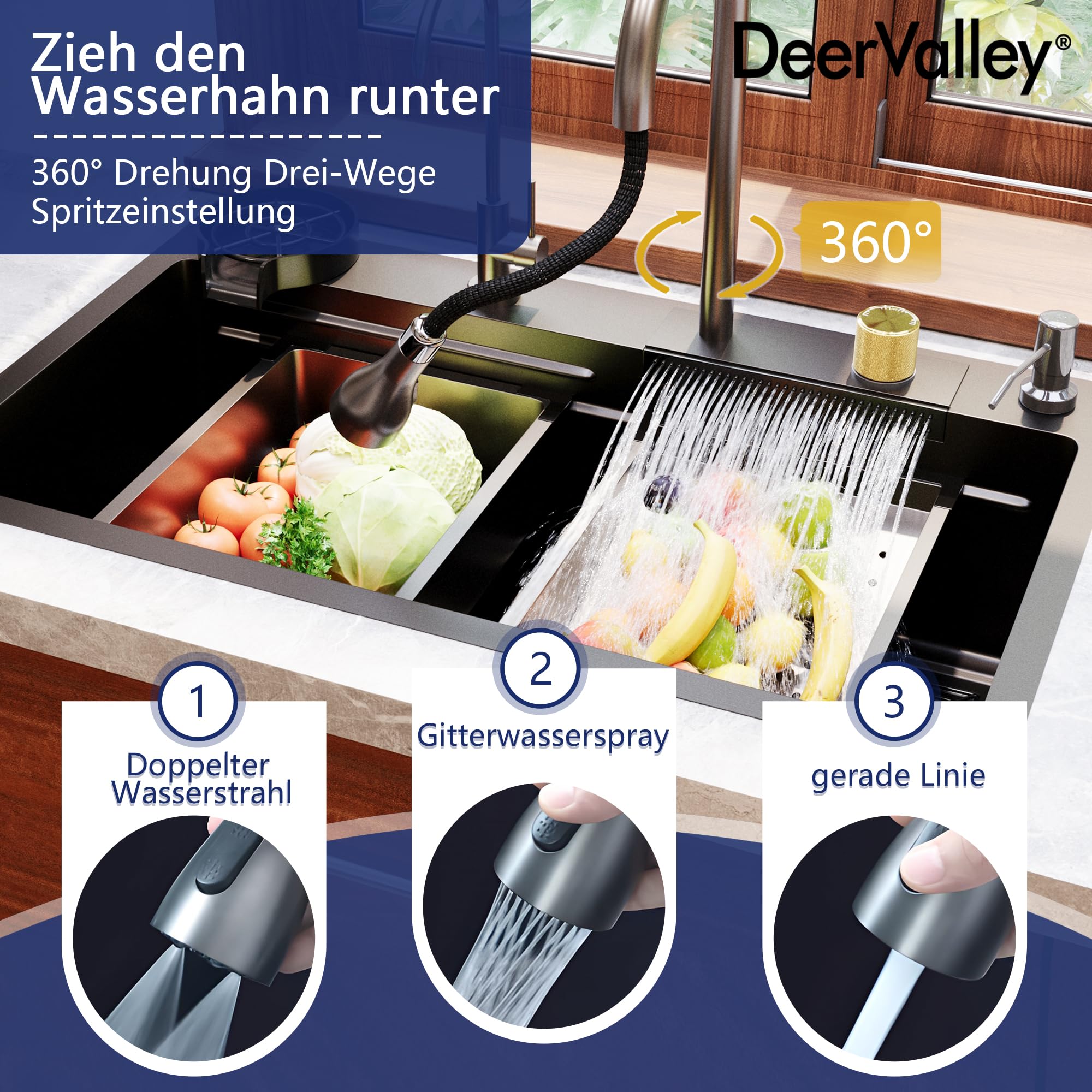 DeerValley Waschbecken Küche Schwarzgrau Edelstahl Küchenspüle mit Ausziehbarem Wasserhahn und Raindance Wasserfall-Spülbecken, Großes Spülbecken (74.9 cm L x 45.7 cm) mit Becherreinigungsfunktion