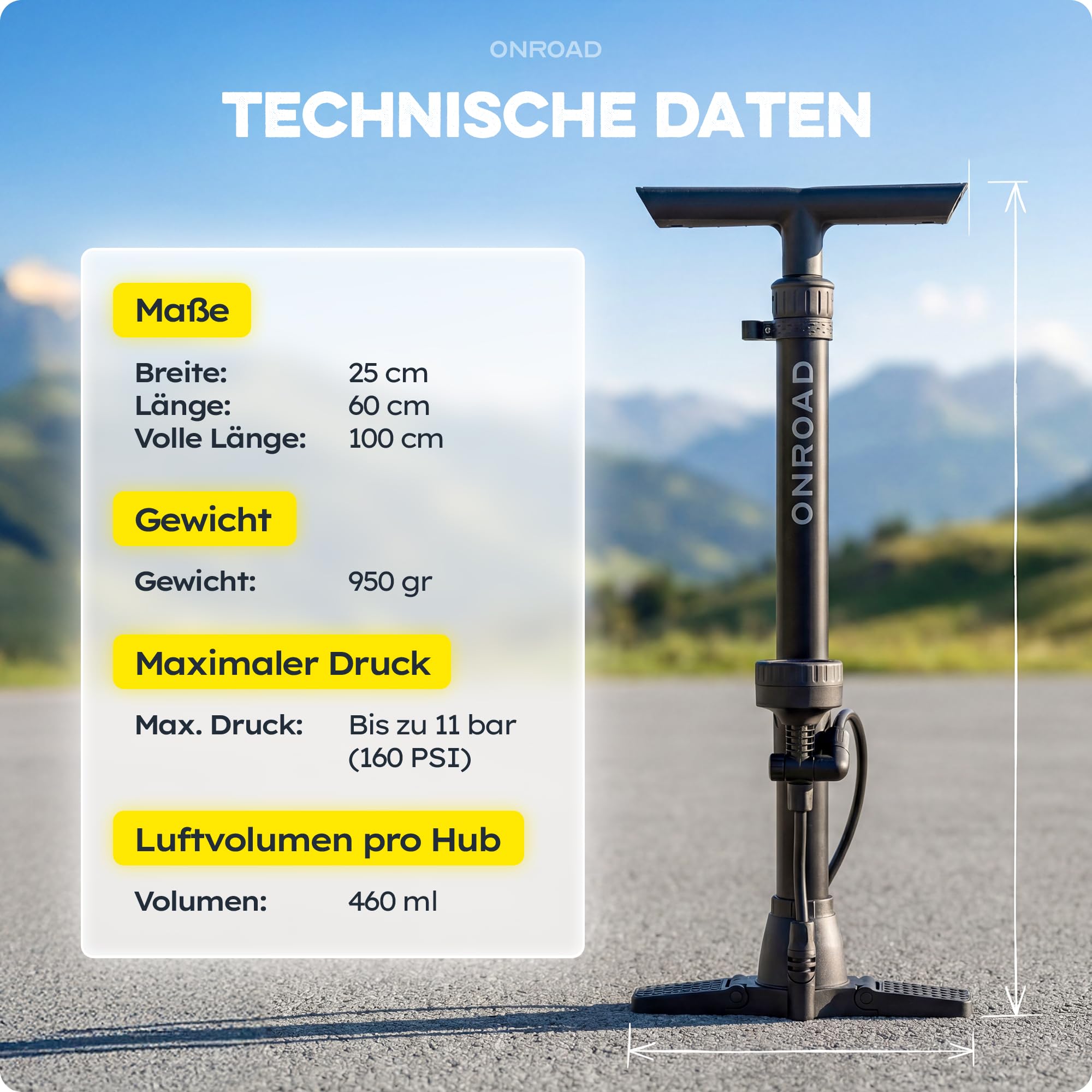 Fahrradpumpe alle Ventile (Presta/SV, AV, DV) – Luftpumpe Fahrrad ON‑AIR mit großem Manometer, Adaptern & Ballnadel, Leistungsstarke & hochwertige Standpumpe – Pumpe für Unterwegs & Zuhause