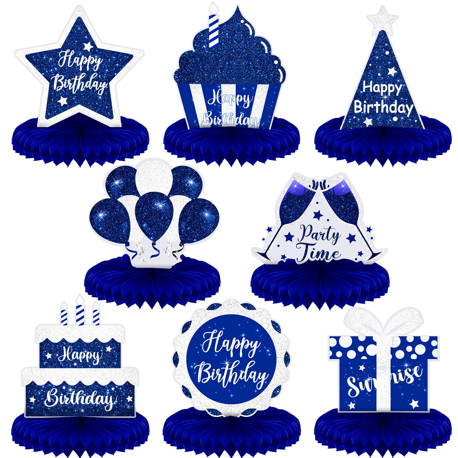 Yexiya 8 Pcs Blue and Silver Birthday Centerpiece Table Decoration