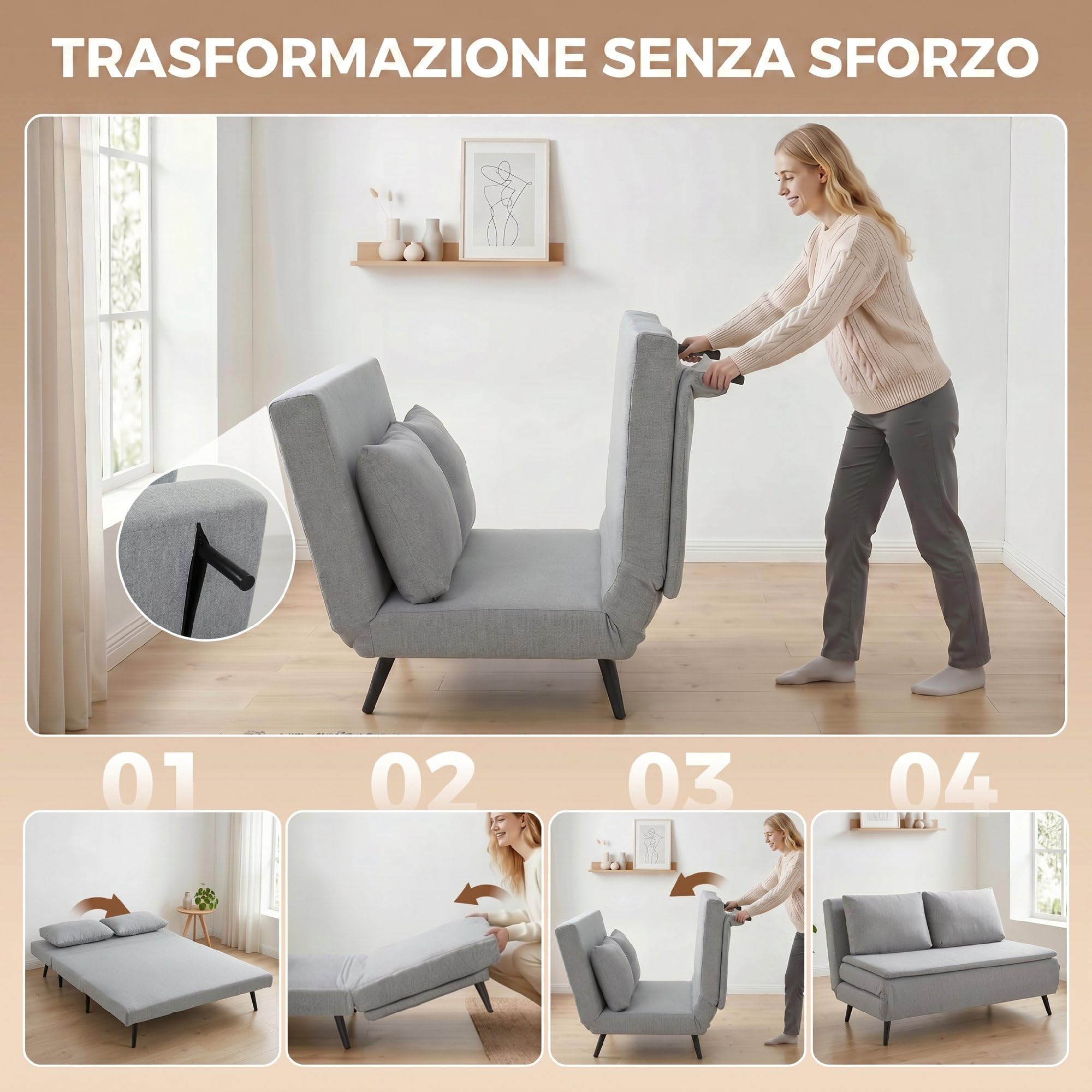 HOMCOM Divano Letto 2 Posti 3 in 1 in Tessuto Effetto Lino con 2 Cuscini, Divano Letto Matrimoniale Salvaspazio Reclinabile 3 Livelli, Seduta Imbottita, Struttura Eucalipto, Soggiorno, Grigio Chiaro