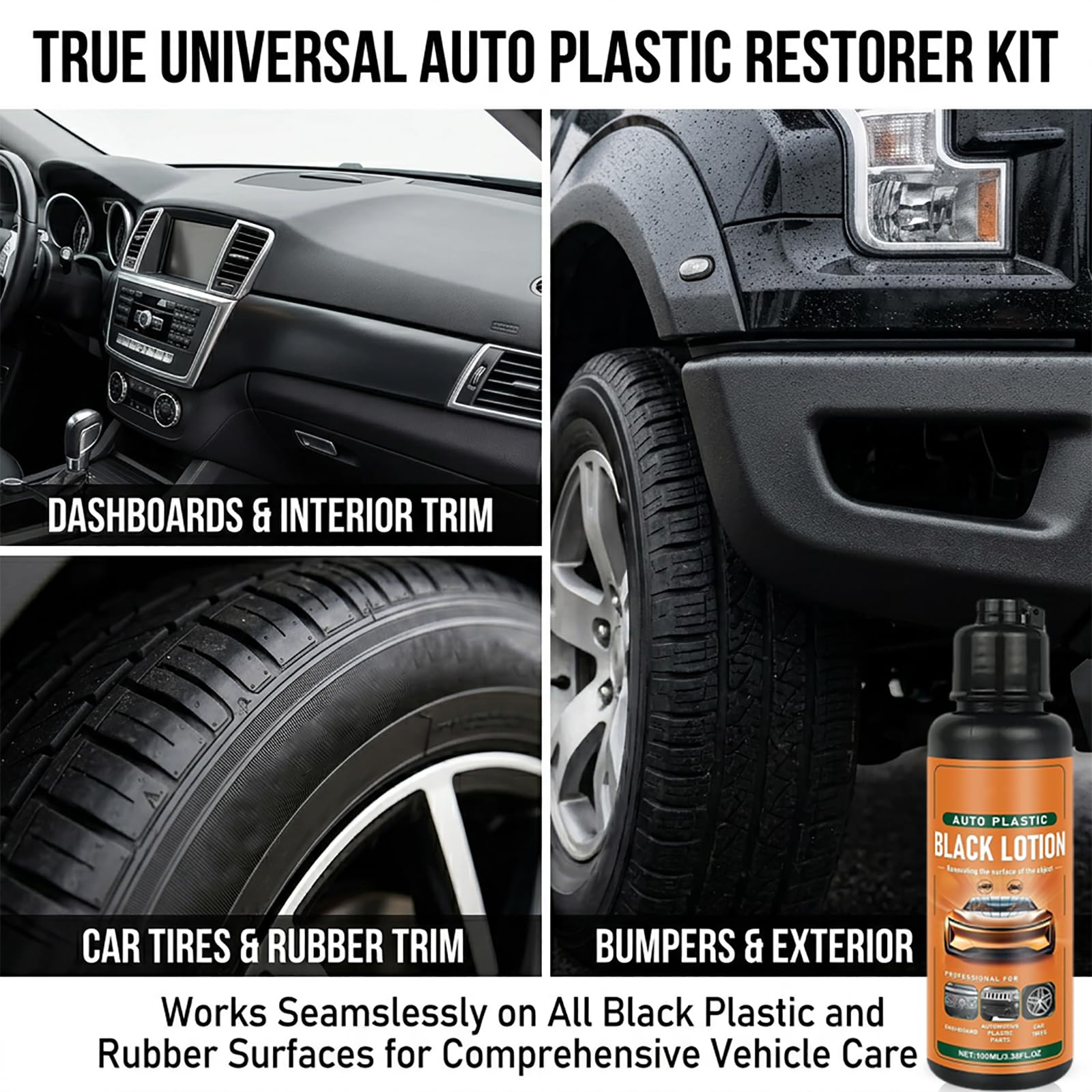 Auto Plastic Restorer Kit, Auto Plastic Black Lotion for Dashboard Door Panel Bumper Tire Trim, Car Plastic Restorer & Interior Cleaner Fast Drying Long Lasting Coating (2Pcs)