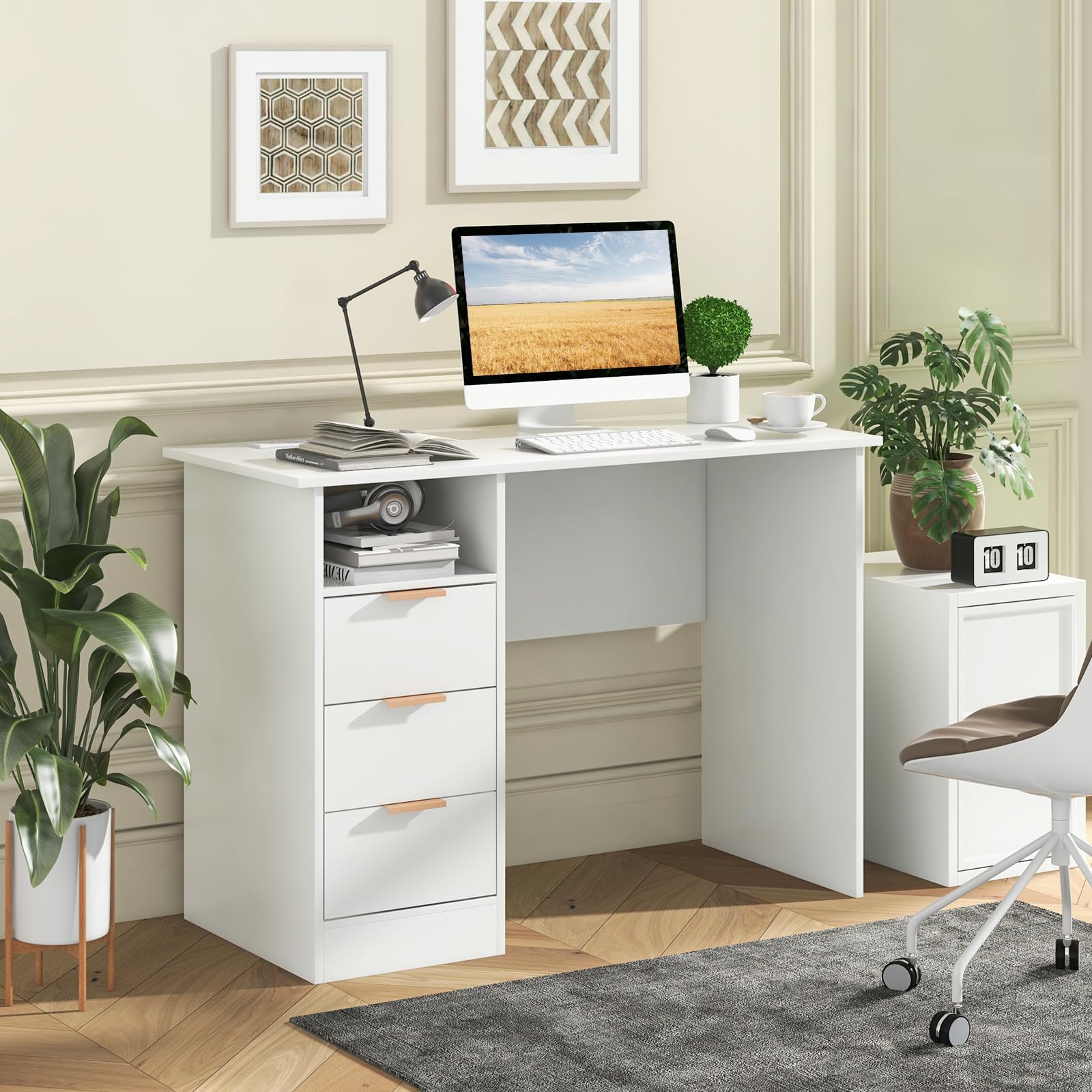 LIFEZEAL Scrivania Ufficio Porta Computer, Scirvania Bianca con 3 Cassetti, Scrivaniacon Multipresa, Moderna, Salvaspazio, Postazione di Lavoro, Desk, Scrittoio, Max 135kg, 108x48x76cm, in Legno