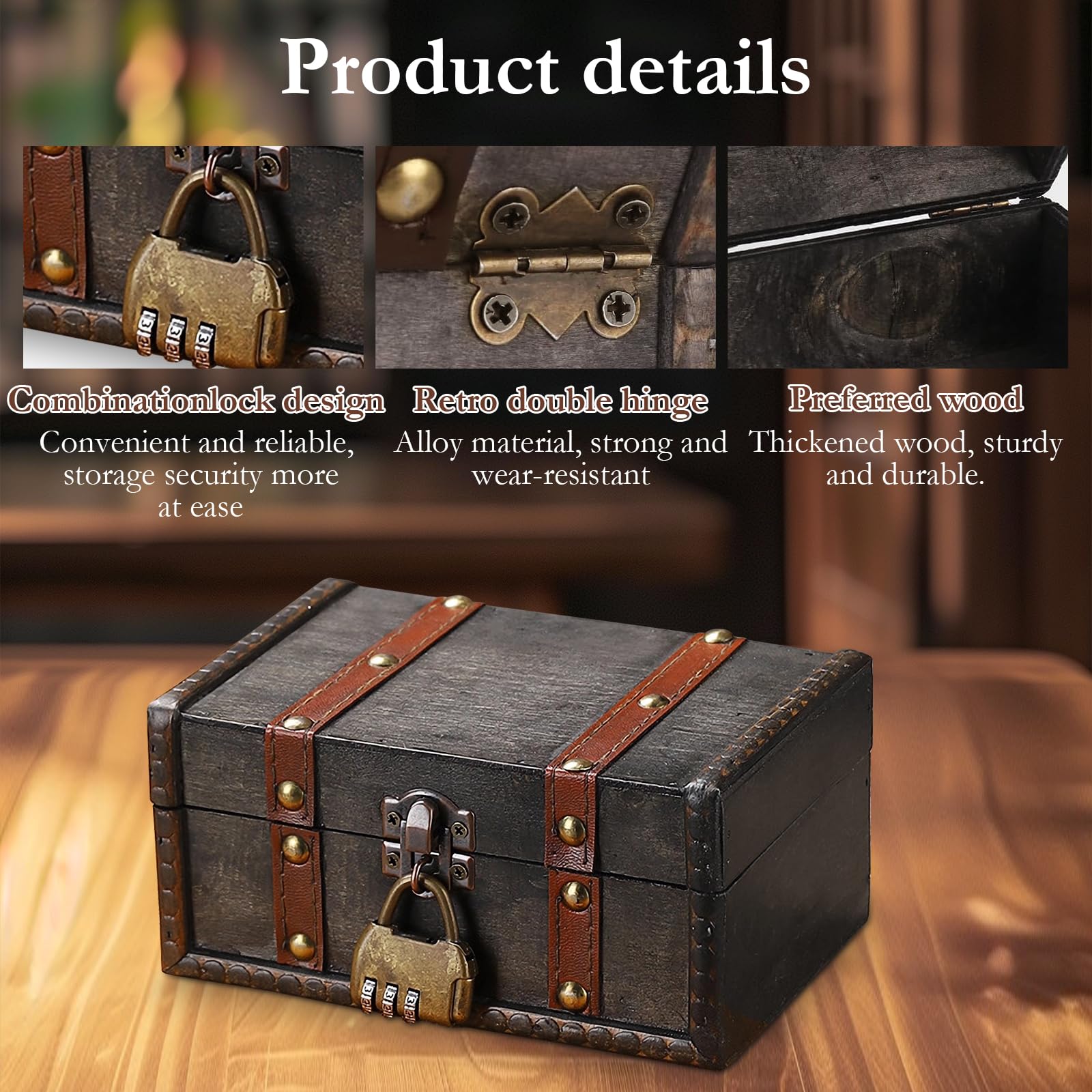 Cofre Pirata Caja Madera Vintage con Candado Numerico Almacenamiento Decoracion 16,7 x 11 x 8 cm