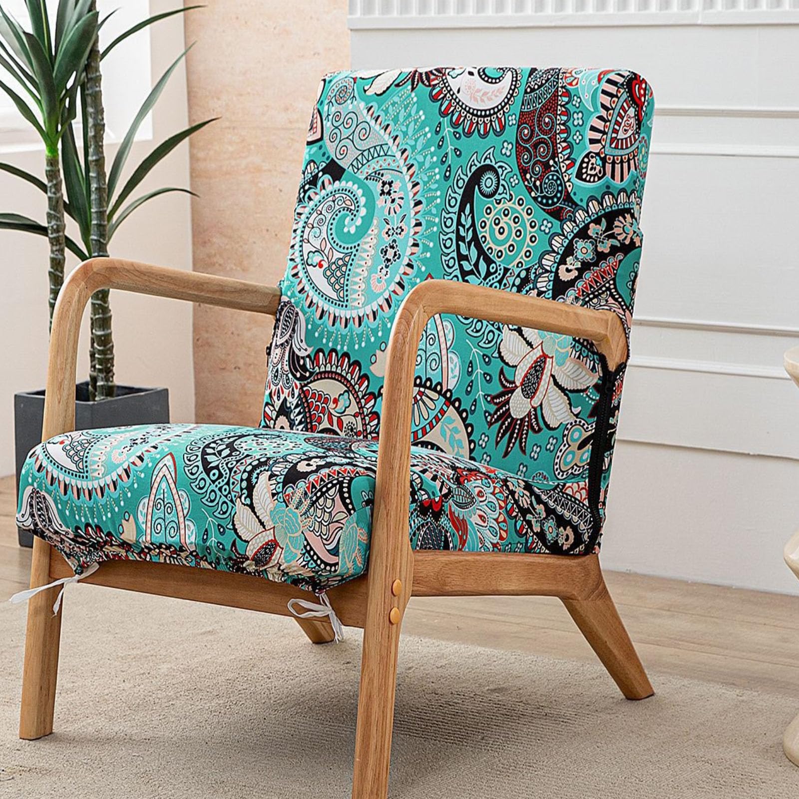 FANSU Stretch Arm Chair Covers for Mid Century Modern Upholstered Protector, 1 Seater Accent Chair Cover with Zipper Wooden Armchair Slipcover Elastic Furniture Protector, Nordic Plants (Exotic)