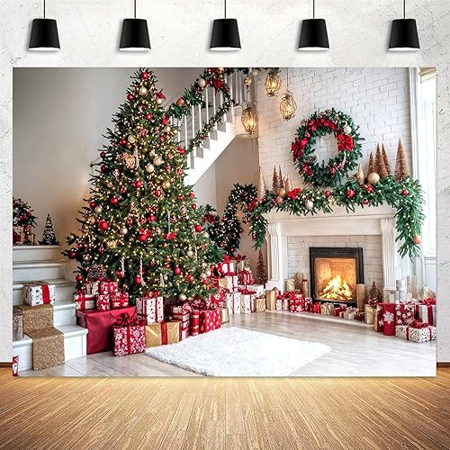 Miniatura 2 de Telón de fondo de chimenea de Navidad, árboles de Navidad, escaleras, regalos, leñas, decoración de fiesta de Feliz Navidad, fondos de fotografía,