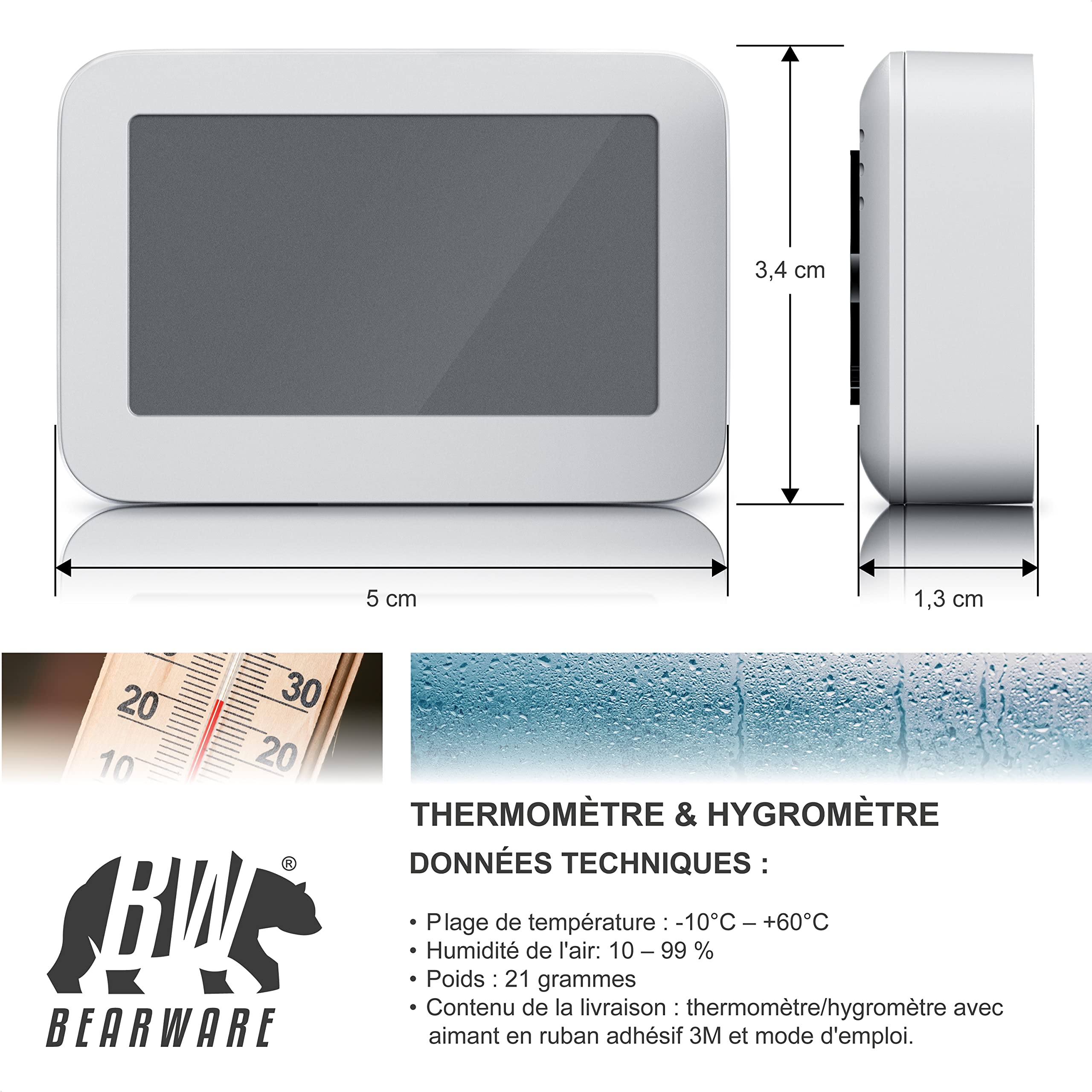 Thermomètre hygromètre digital d'intérieur, température et humidité, affichage LCD, blanc
