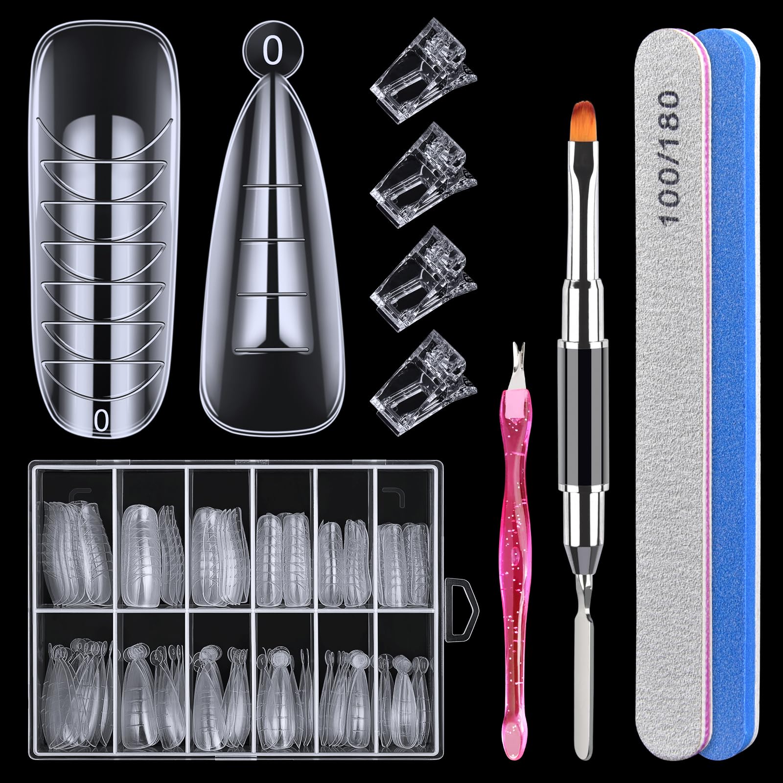 144 Pcs Nail Forms, MORGLES 2 Sizes Poly Extension Gel Dual Forms, Coffin Nails Extension with Stiletto Shape Molds, 10 Pcs Clips with Files for Home & Salon