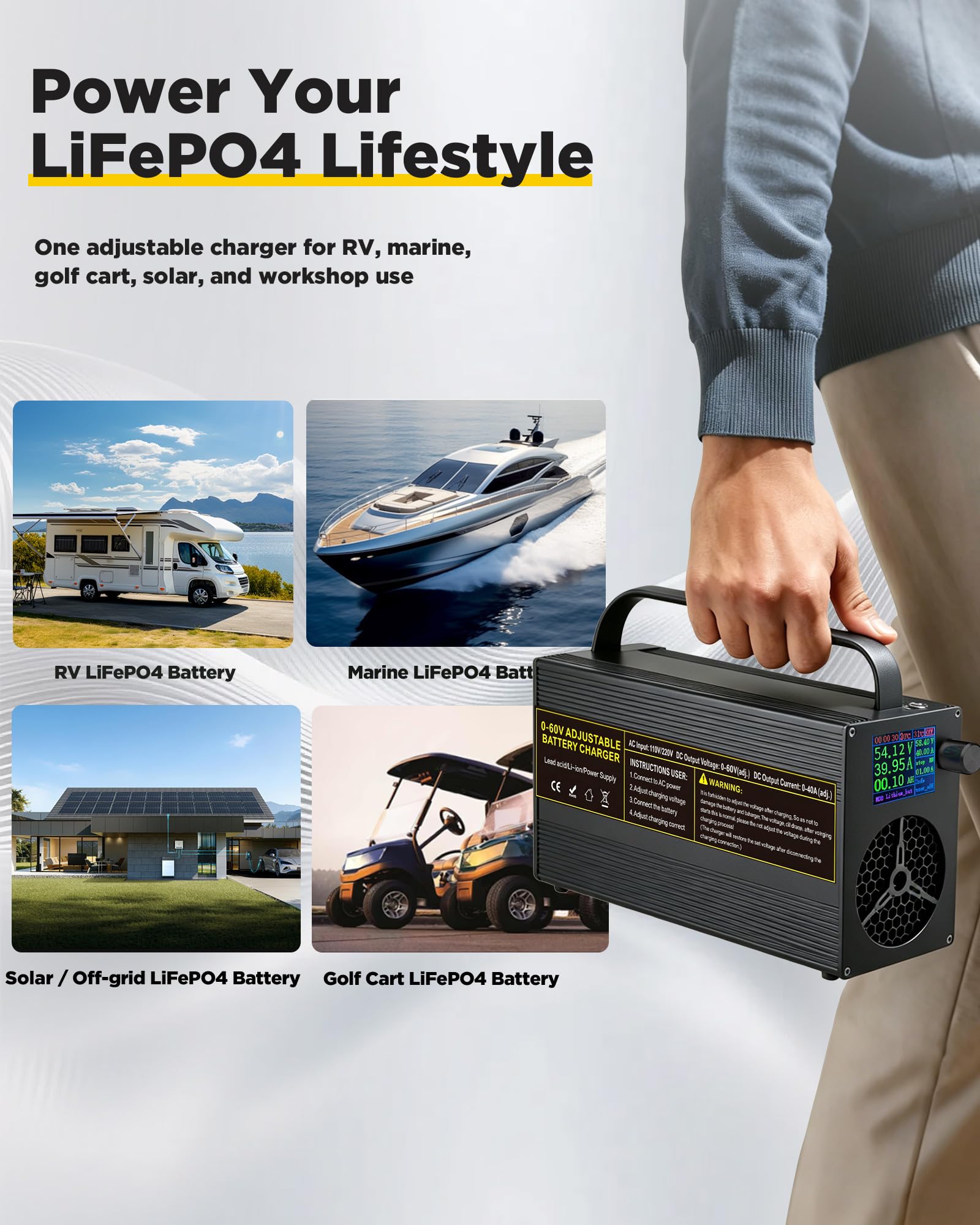 Caricabatterie LiFePO4 regolabile 0-60V 0-40A con maniglia anche per batterie al piombo e al litio – Caricabatterie universale intelligente con display colori, connettore Anderson e pinze coccodrillo