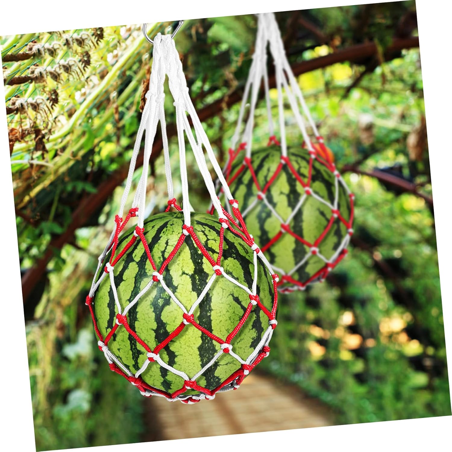 VICASKY 10pcs Watermelon Hammock Mesh Bags Hanging Support for Melons Pumpkins and Cantaloupes Breathable Produce Net Hooks for Garden Use