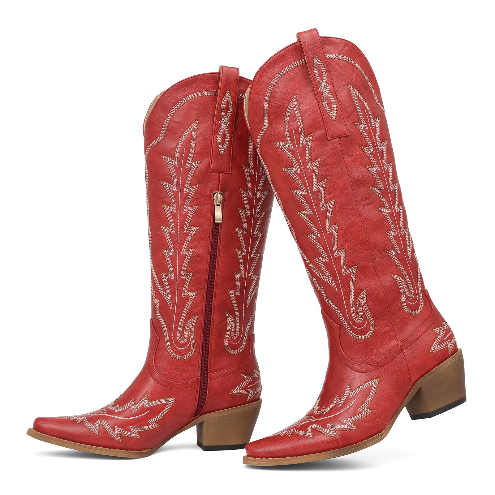 mikarka Western Cowboy Boots for Women Cowgirl Knee High Boots Pointed Toe Chunky Heel Faux Leather &amp; Suede Vintage Classic Tall Boots