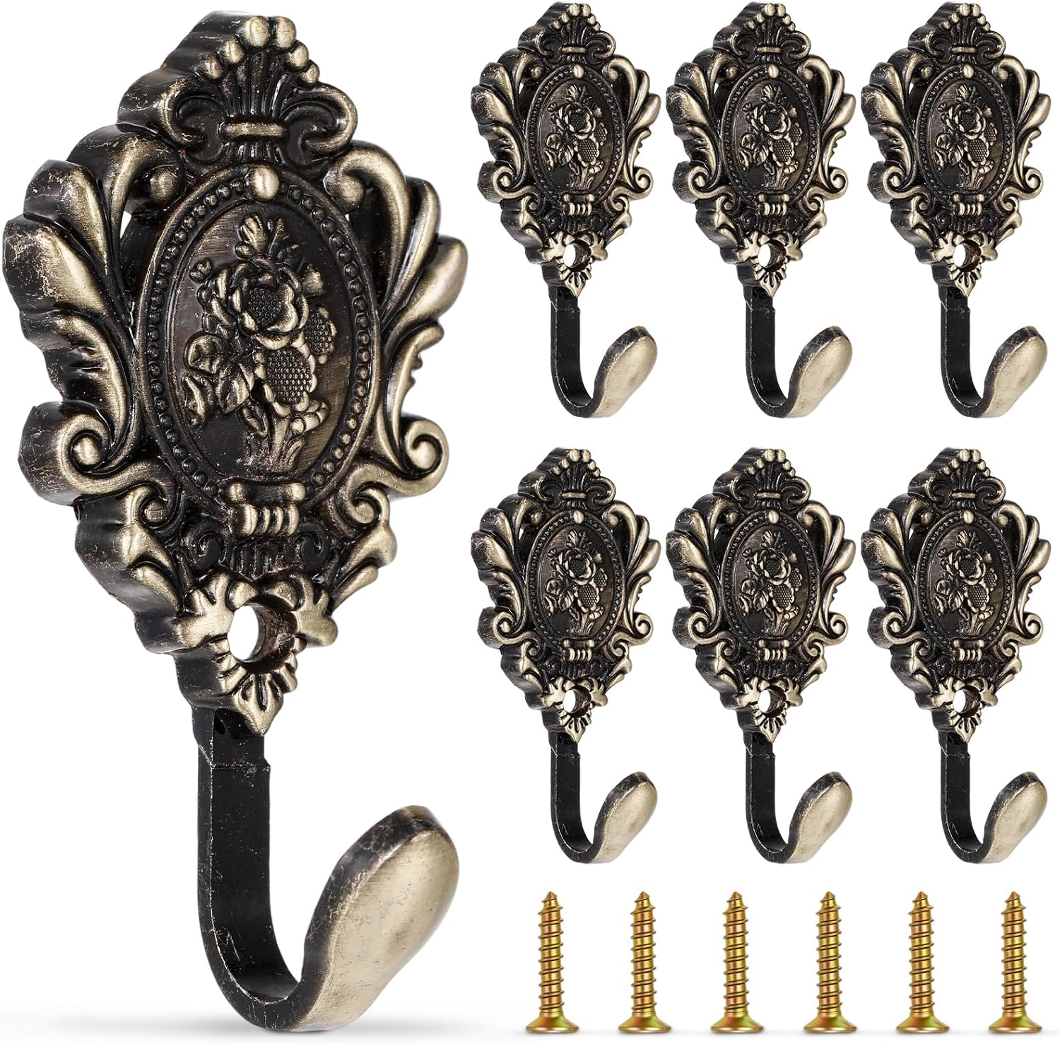 6 Pack Vintage Curtain Tiebacks Hooks Cast Iron Wall Decorative Coat Hooks Rose Pattern Carved with Screws for Towels, Curtains, Coats, Clothes, Keys, Bags in Bedroom, Bathroom(Bronze)