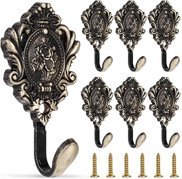 6 Pack Vintage Curtain Tiebacks Hooks Cast Iron Wall Decorative Coat Hooks Rose Pattern Carved with Screws for Towels, Curtains, Coats, Clothes, Keys, Bags in Bedroom, BathroomBronze