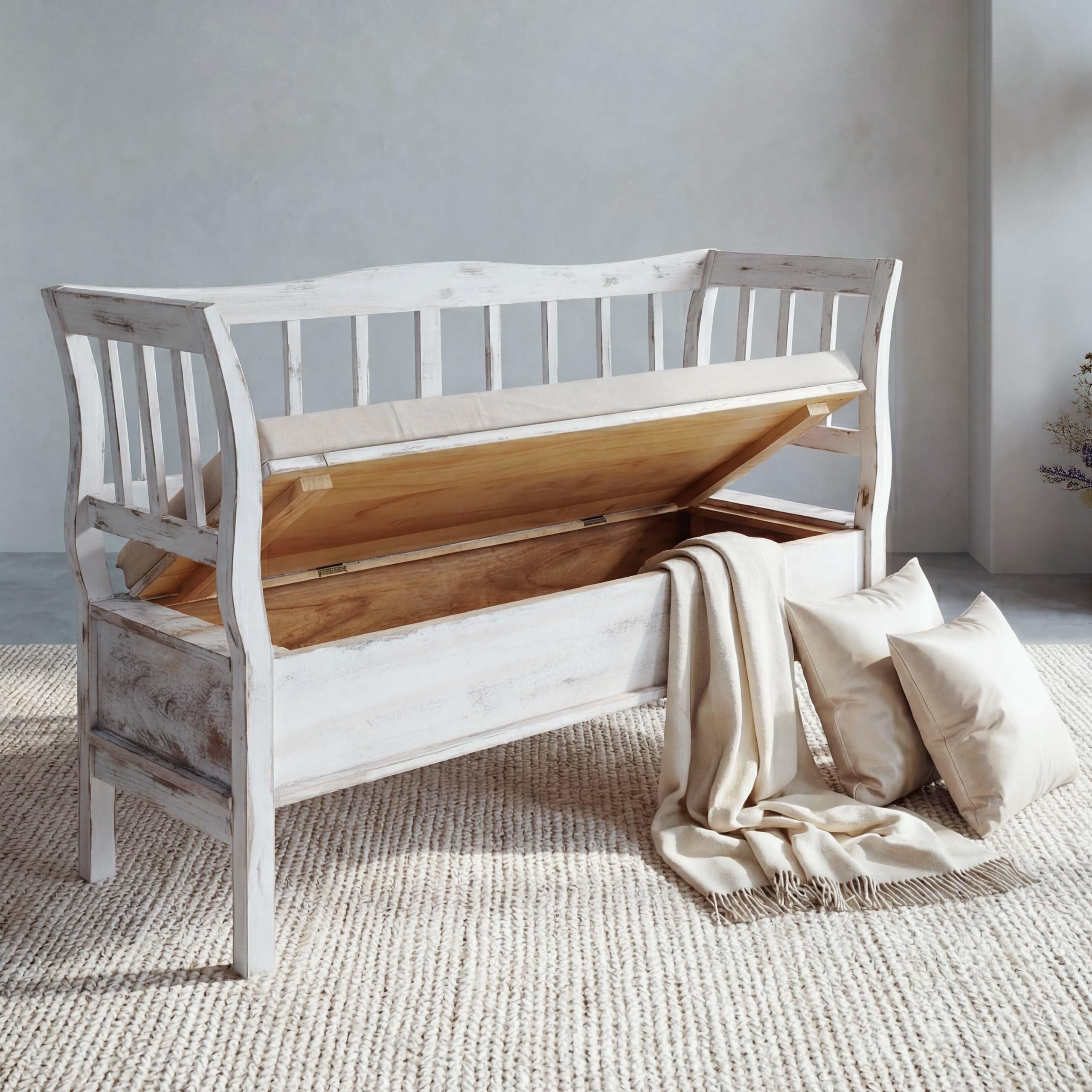 Mendler Banc Banquette de Rangement T207 Coffre avec Coussin Bois Blanc Shabby Chic