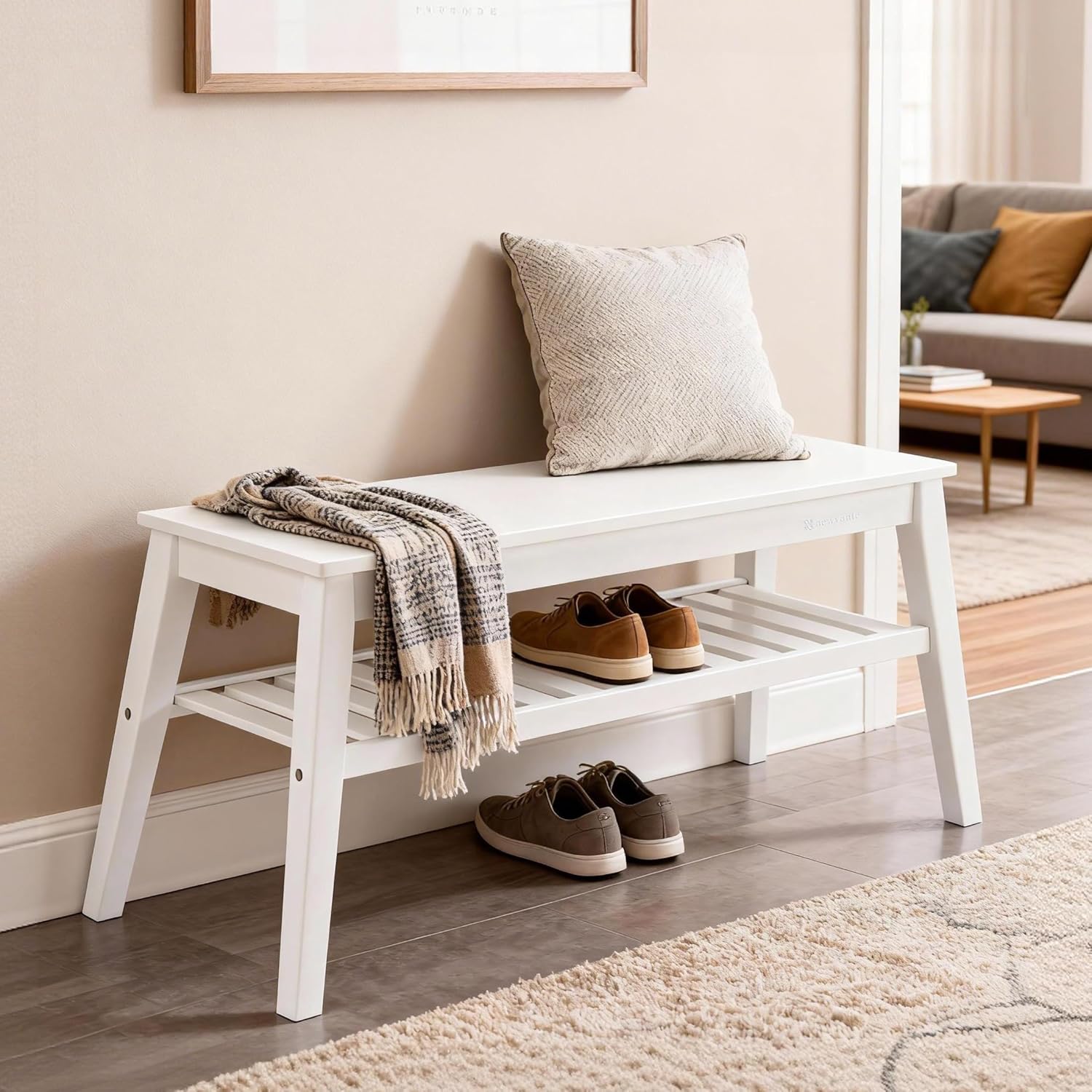 Nnewvante 33.46" White Storage Bench, Bamboo Entryway Bench for Hallway, Living Room, Bedroom, Wood Shoe Rack Wooden Outdoor Bench, Holds up to 300 lbs