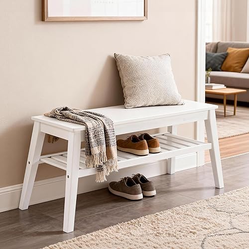 Nnewvante 33.46" White Storage Bench, Bamboo Entryway Bench for Hallway,