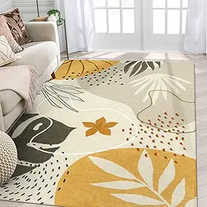 Lahome Boho Rug for Living Room - 5 x 7 Area Rugs Washable Non-Slip Soft Bedroom Carpet Ultra-Thin Throw Tan Dining Room Rug, Botanical Print Indoor Modern Floral Rug for Office Nursery Kids Room