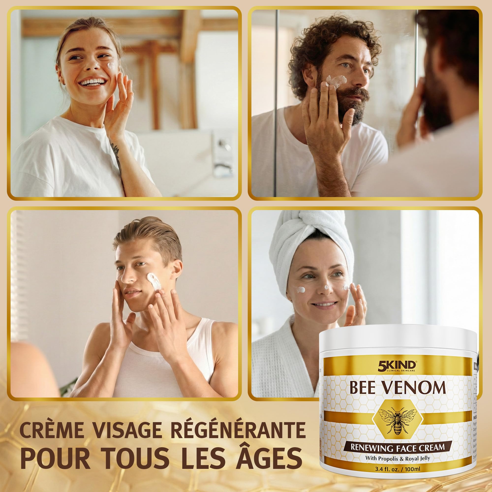 Crème Visage Régénérante au Venin d’Abeille 5Kind avec Propolis & Gelée Royale 100 ml - Crème Anti-Âge au Venin d’Abeille pour Femmes & Hommes - Crème au Venin d’Abeille contre les Rides